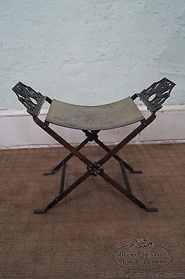 Antique Oscar Bach Style Iron X Base Bench Stool w/ Winged Griffins
