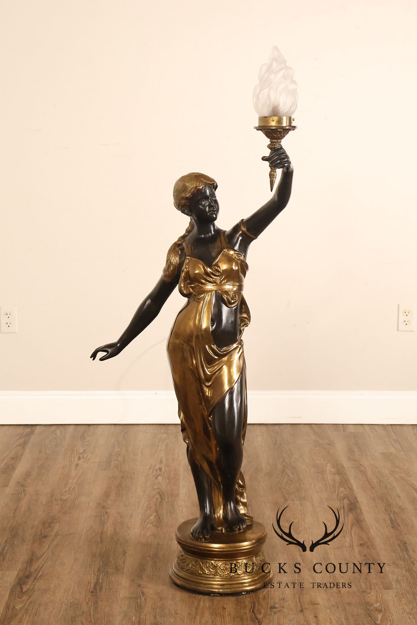 Neoclassical Style Pair Of Bronze Figural Torchere Floor Lamps