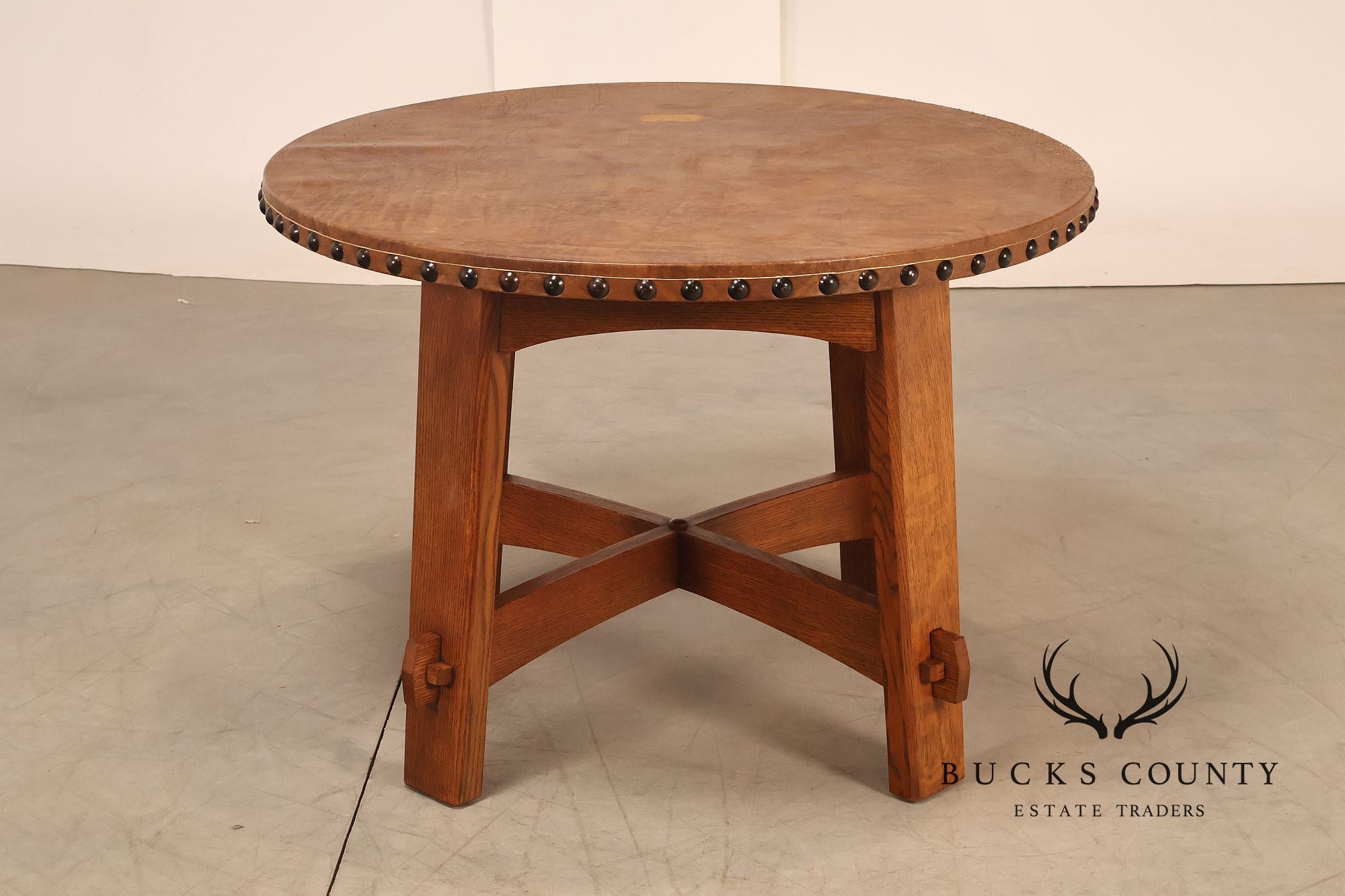 Stickley Commemorative Leather-Top Round Oak Library Table