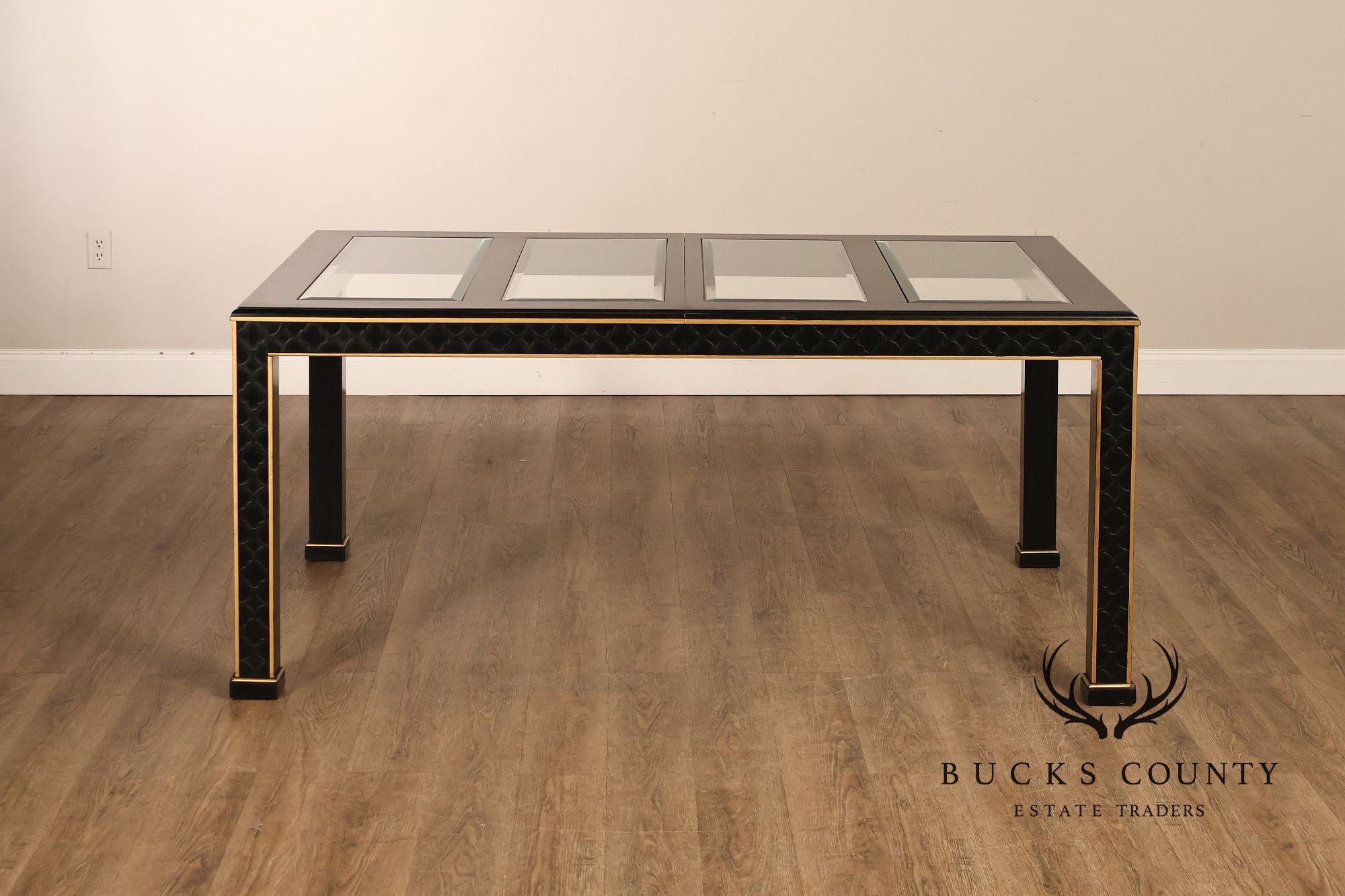 Chinese Chippendale Black Lacquered Dining Table With Two Leaves, Inset Glass