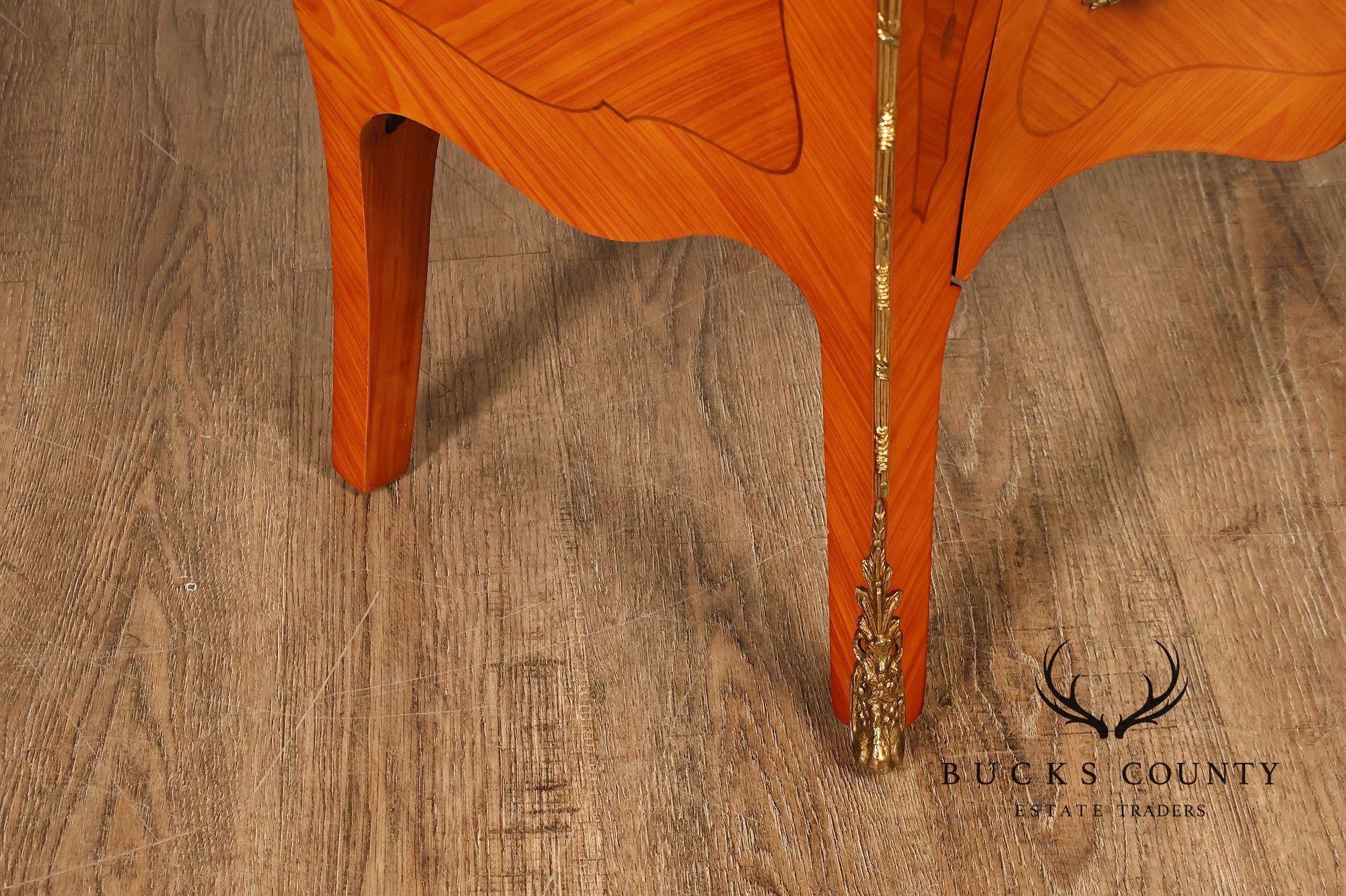 Italian Louis XV Style Marquetry Inlaid Marble Top Bombe Chest Commode