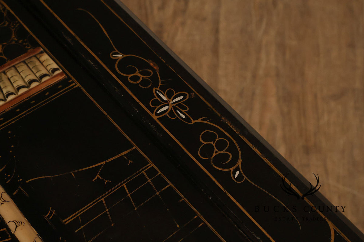Asian Inspired Black Lacquer Coffee Table With Figural Inlay