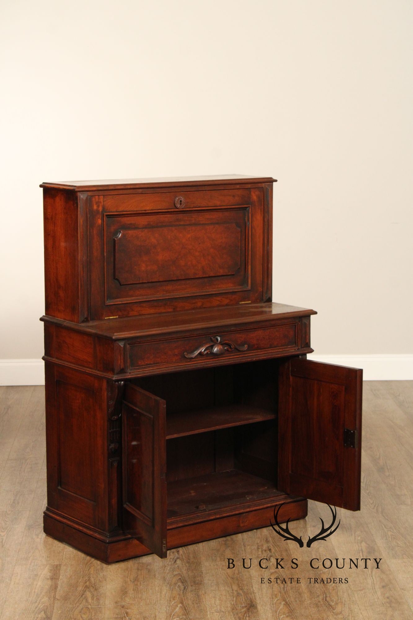 Antique Renaissance Revival Carved Walnut Drop-Front Desk