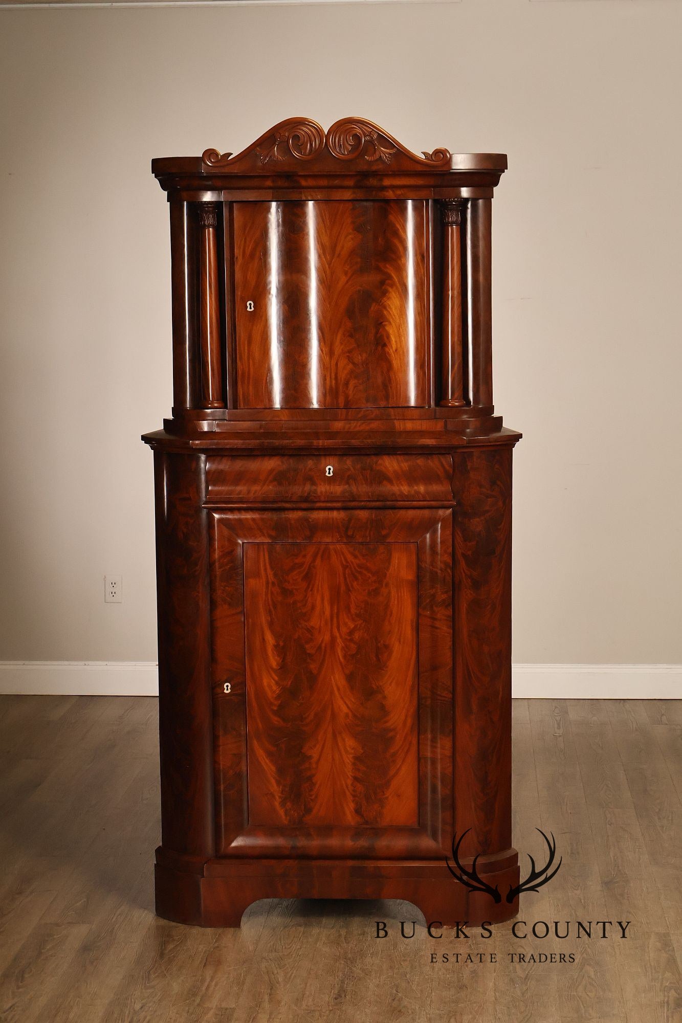 Antique Mahogany Biedermeier Two Piece Corner Cabinet