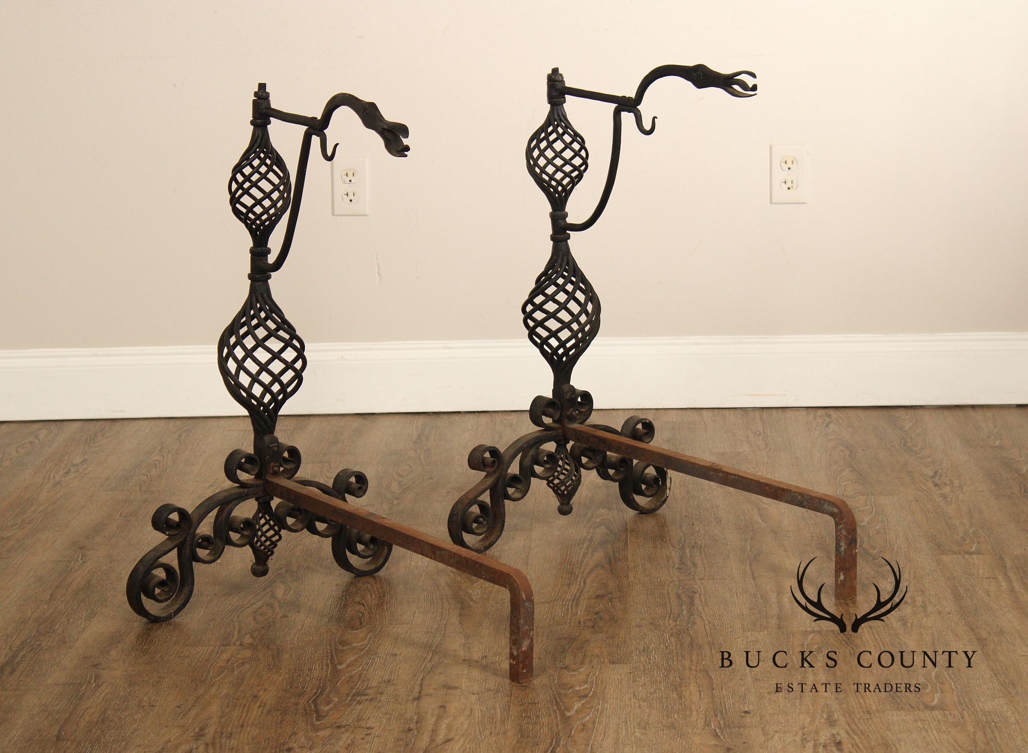 Arts & Crafts Pair of Scrolling Wrought Iron Andirons