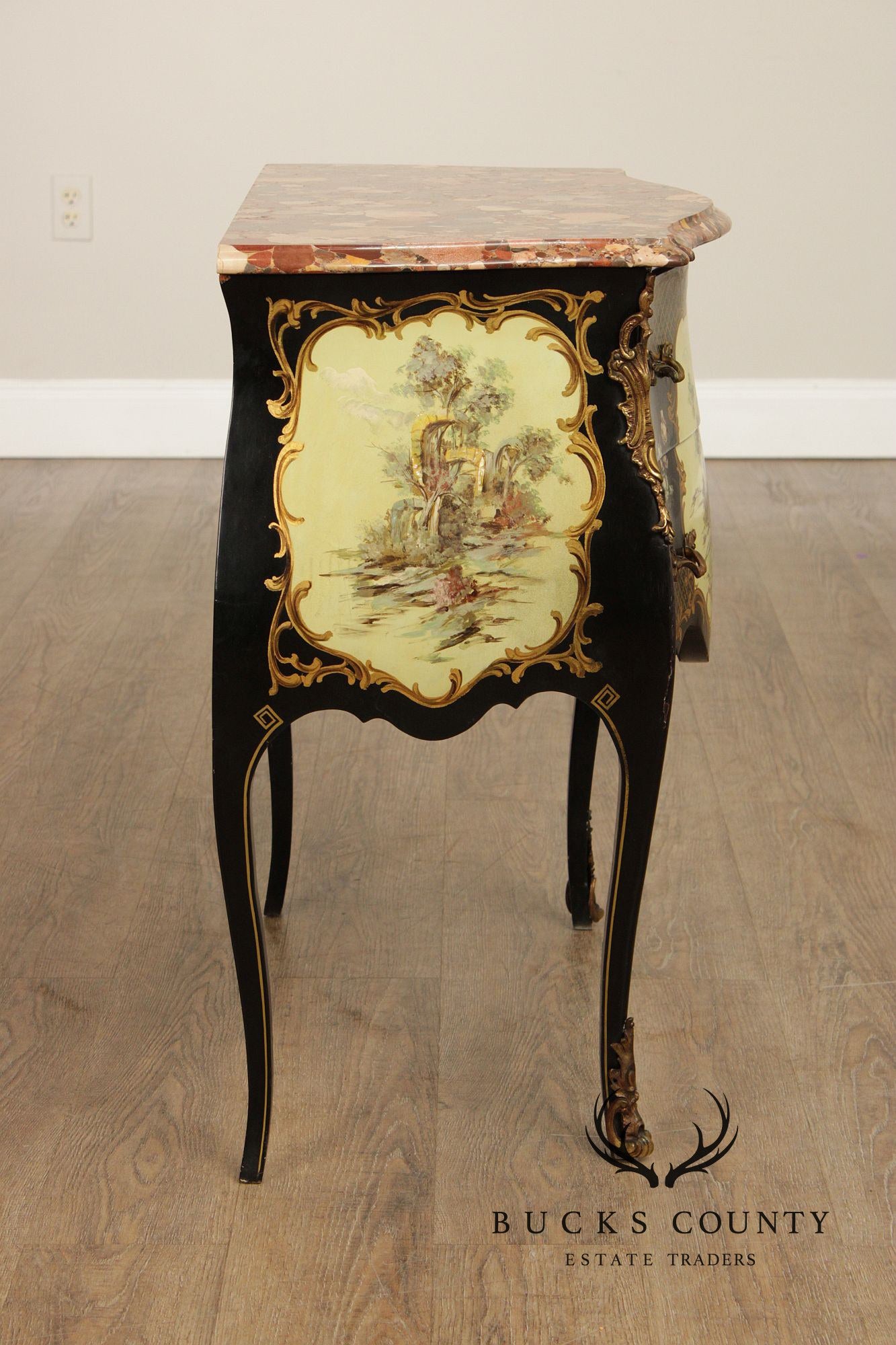 Louis XV Style Hand Painted Marble Top Bombe Commode