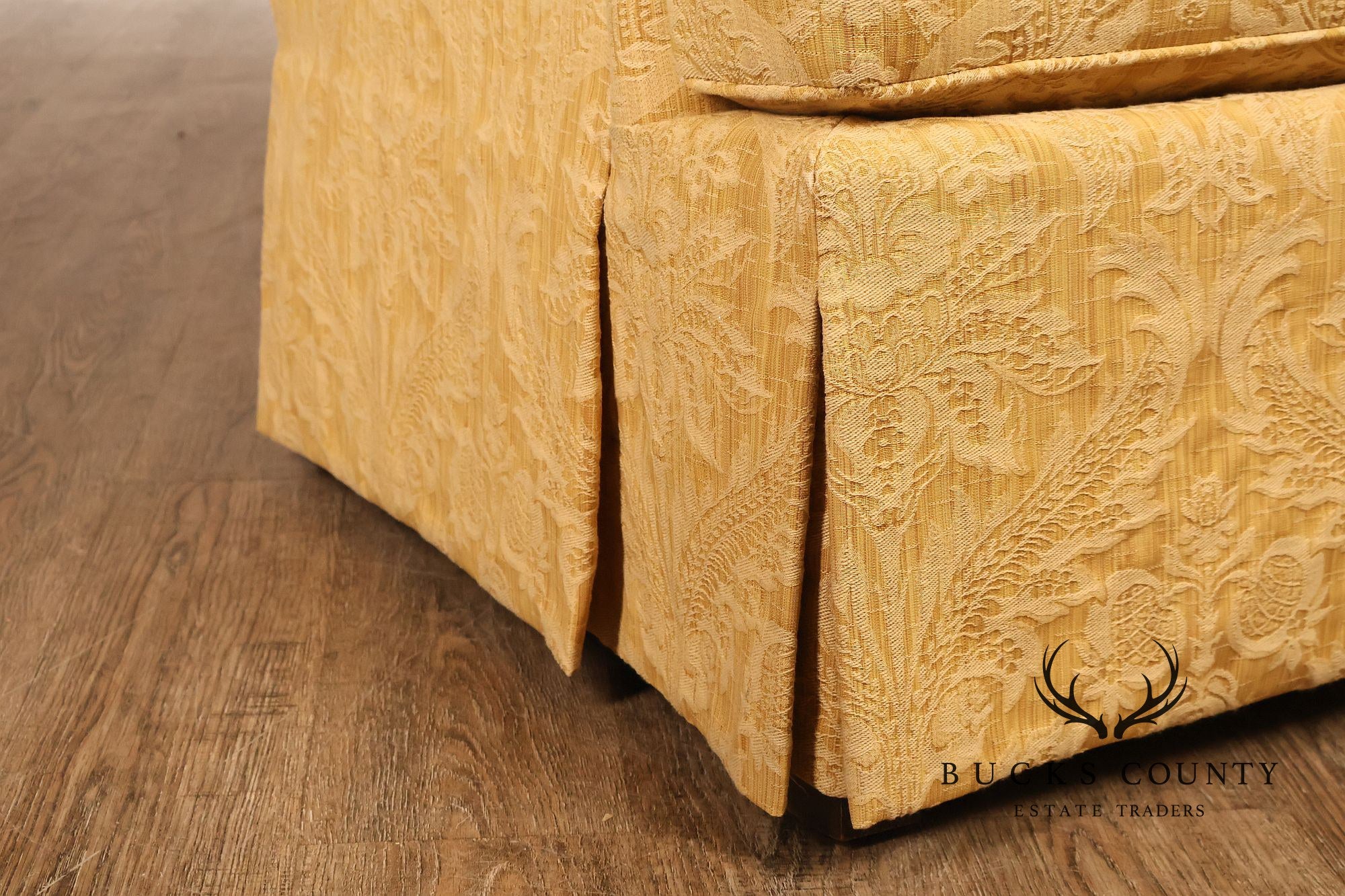 Custom Pair Of Skirted Damask Upholstered Lounge Chairs