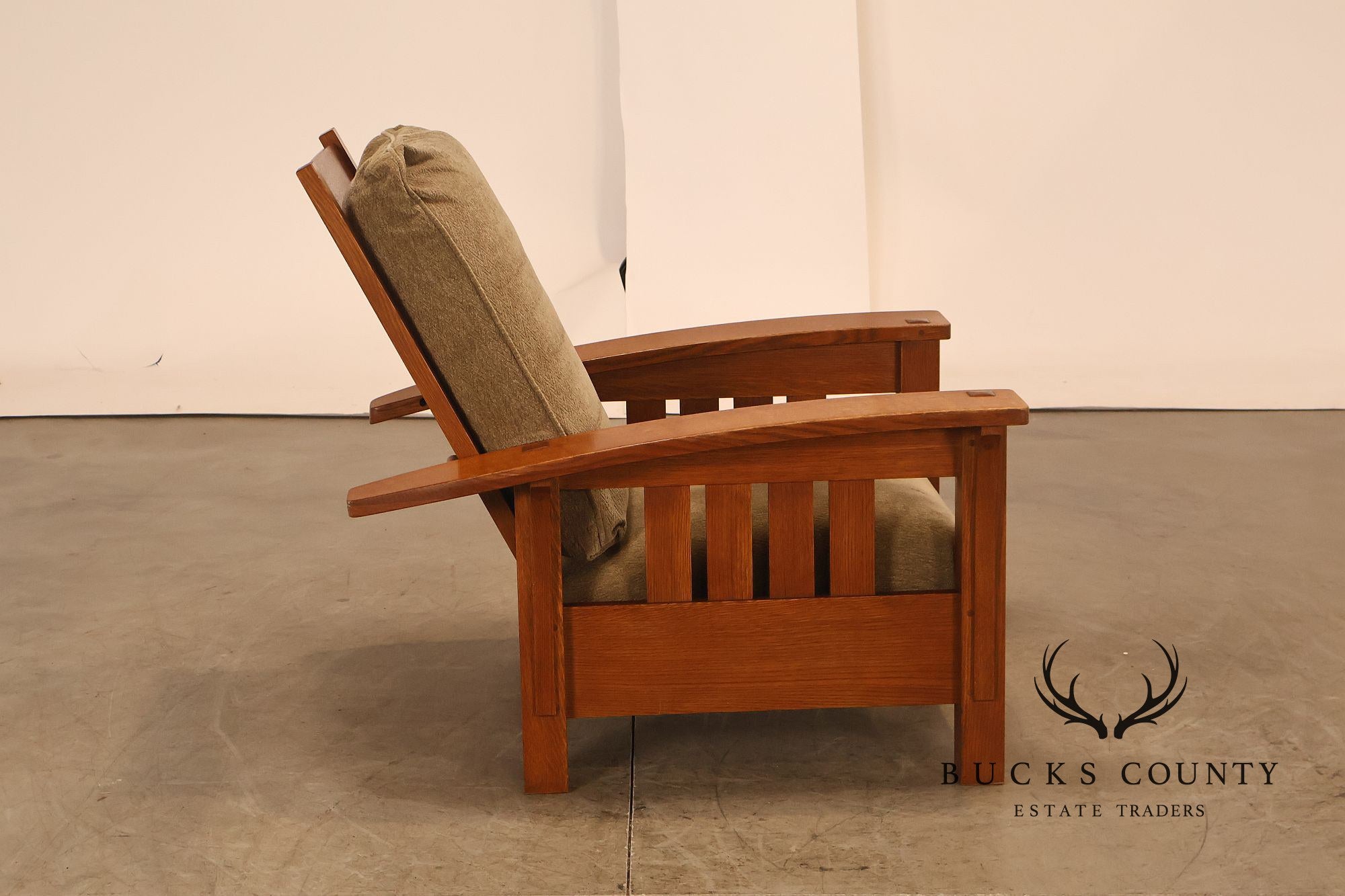Stickley Mission Collection Oak And Custom Upholstery Bow Arm Morris Chair