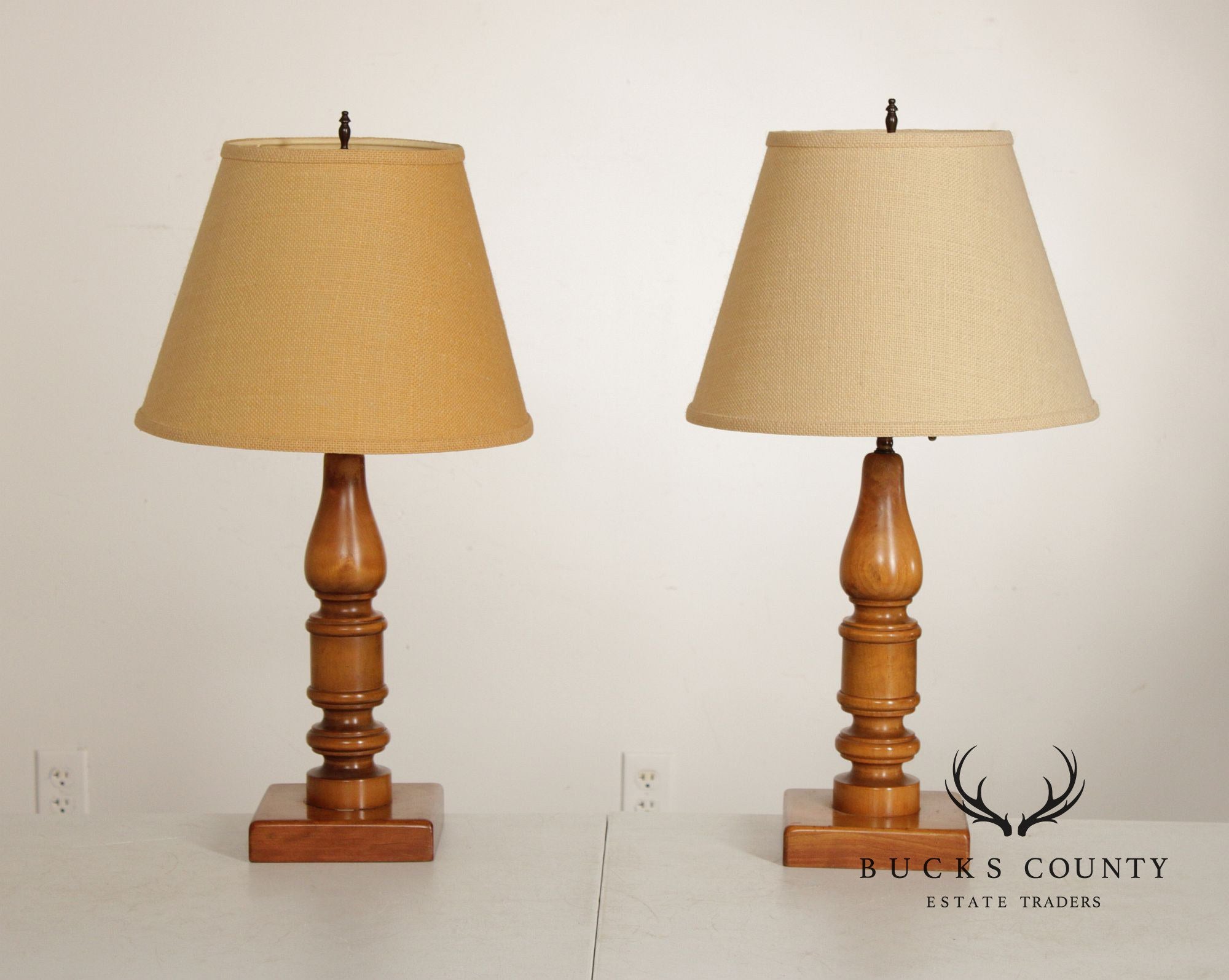 Colonial Revival Pair of Turned Cherry Wood Table Lamps