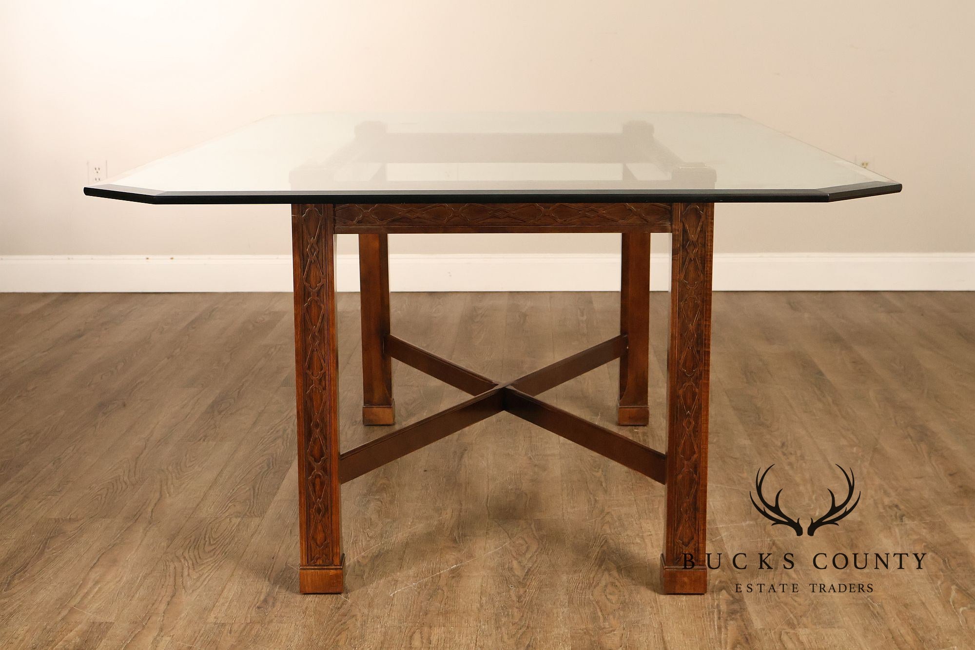 Chinese Chippendale Style Glass Top Mahogany Dining Table