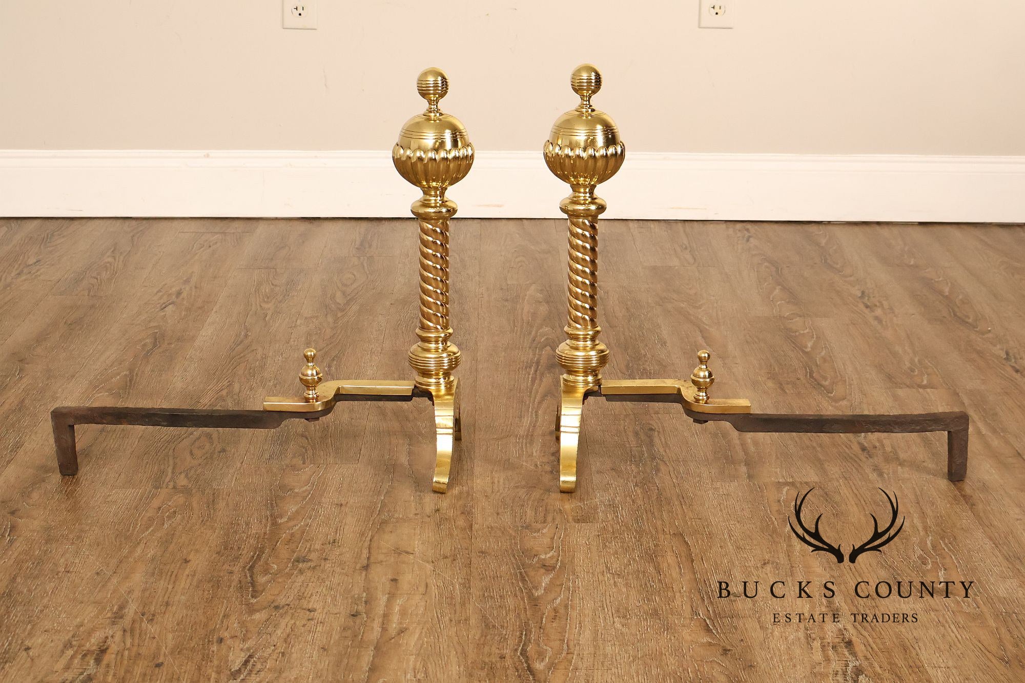 Georgian Style Pair of Polished Brass Fireplace Andirons