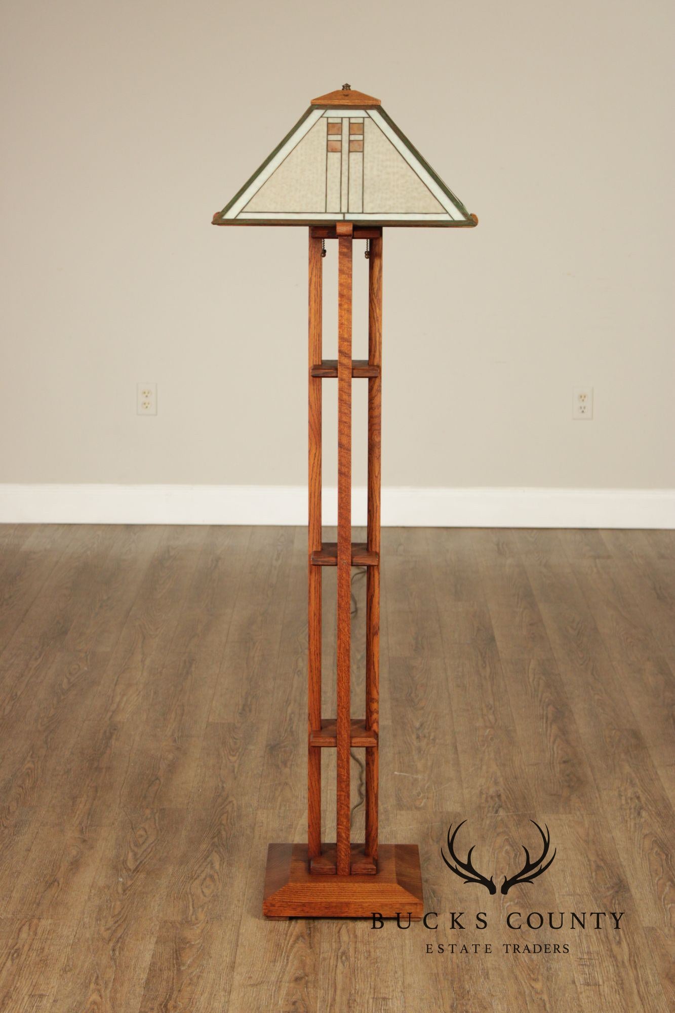 Pair Michael Adams – Aurora Studios Prairie School Oak & Stained Glass Floor Lamps