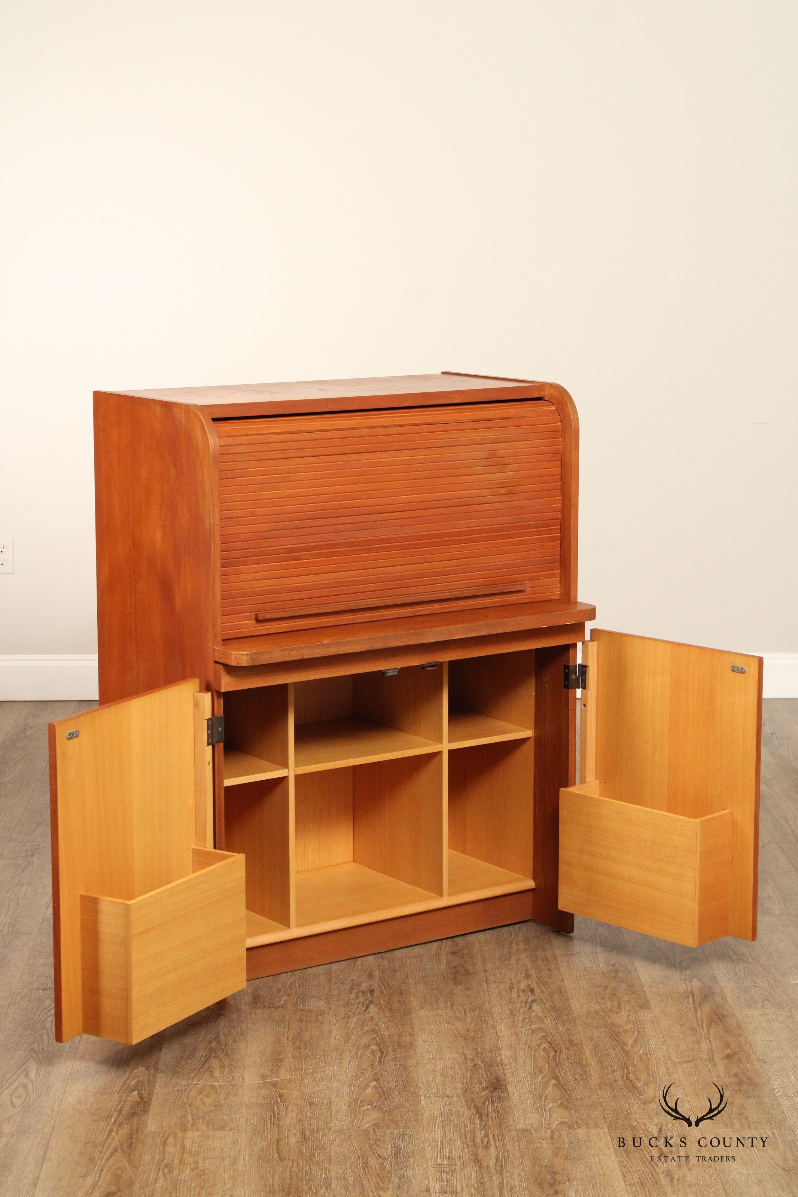 Danish Modern Vintage Teak Roll Top Bar Cabinet or Secretary Desk