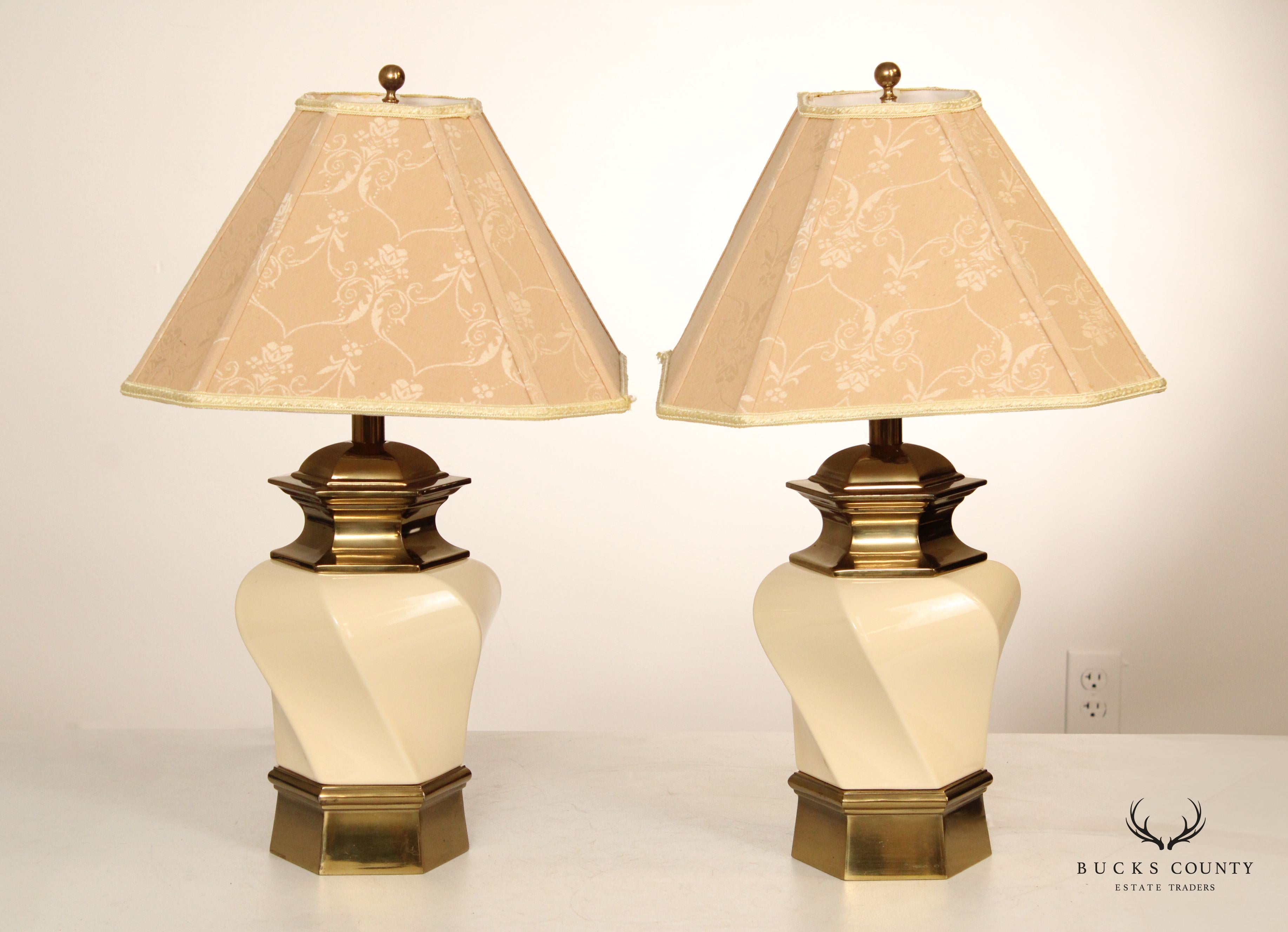 STIFFEL BRASS AND CERAMIC PAIR OF VINTAGE HEXAGONAL TABLE LAMPS