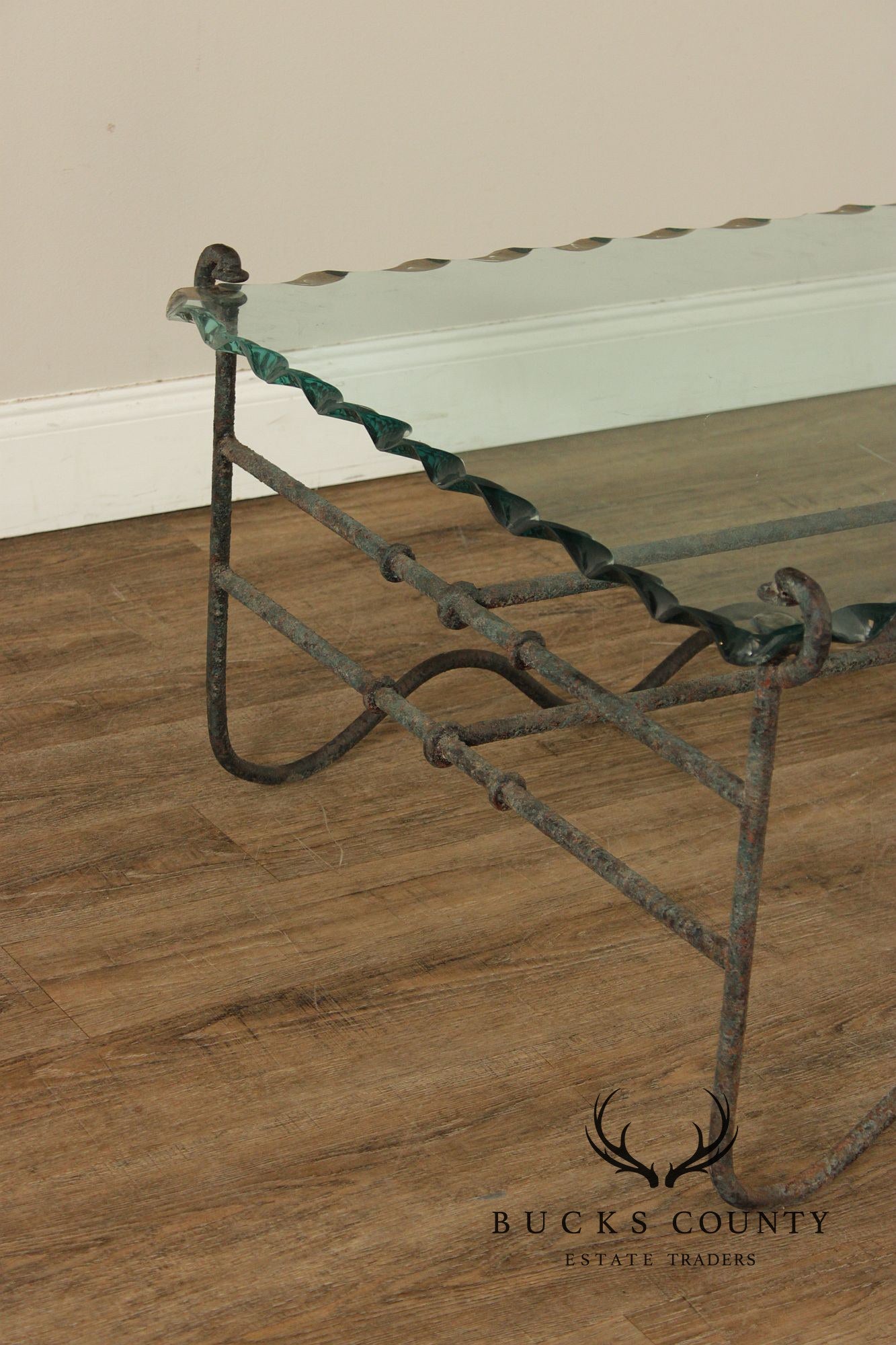 Modernist Glass Top Wrought Iron Coffee Table