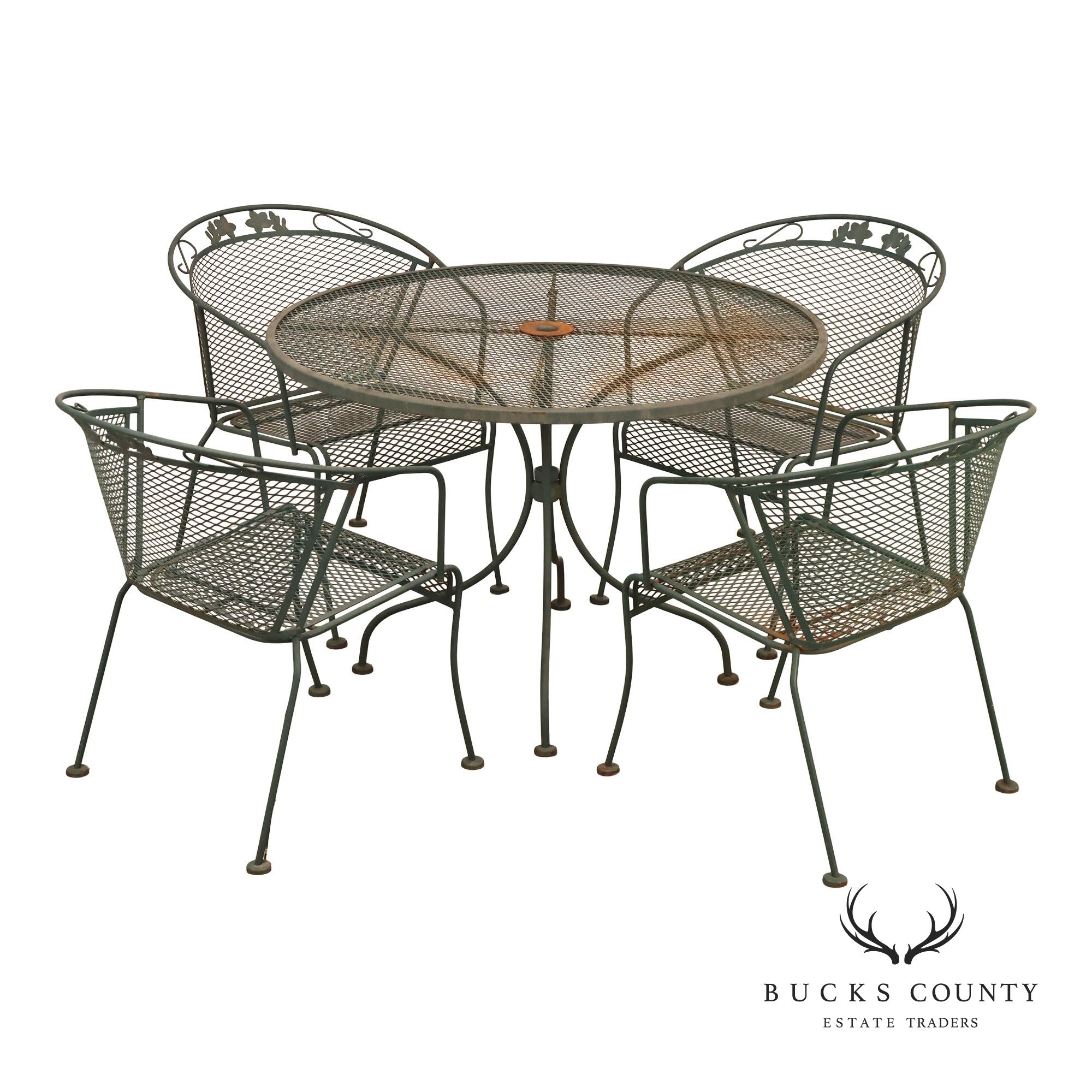Vintage Wrought Iron Round Patio Table And Four Chairs Set