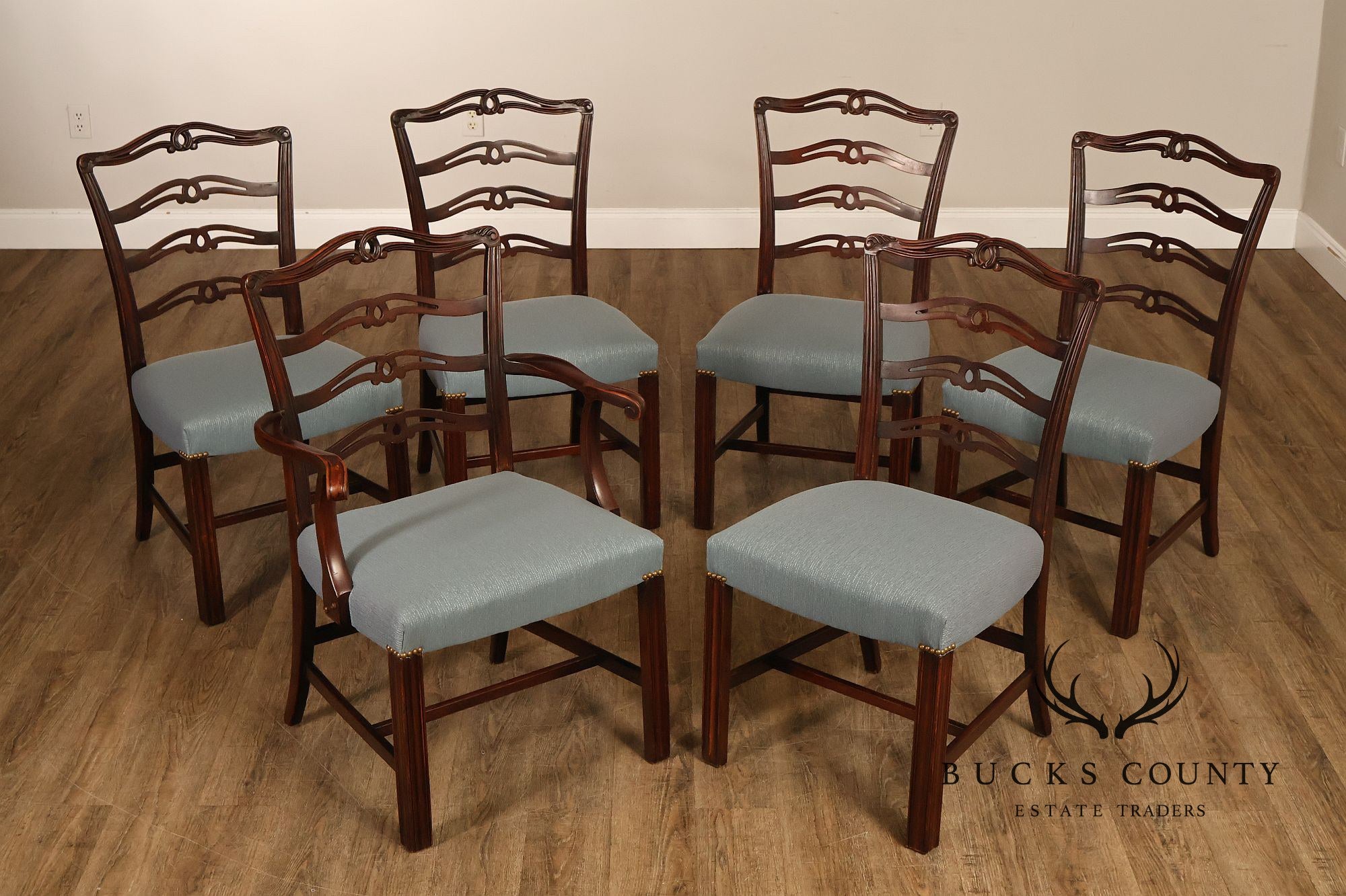 1940's Chippendale Style Set Of Six Mahogany Ladder Back Dining Chairs