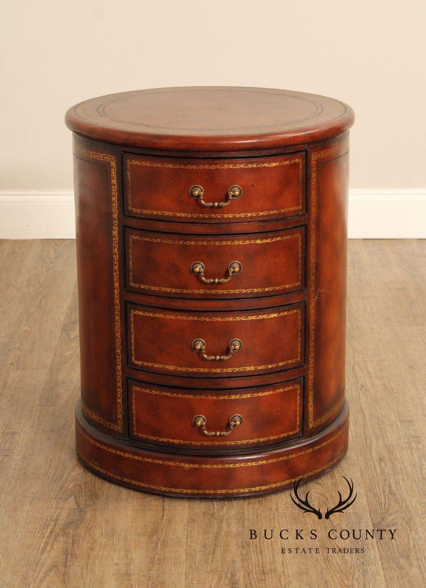 Regency Style Leather Wrapped Drum Table
