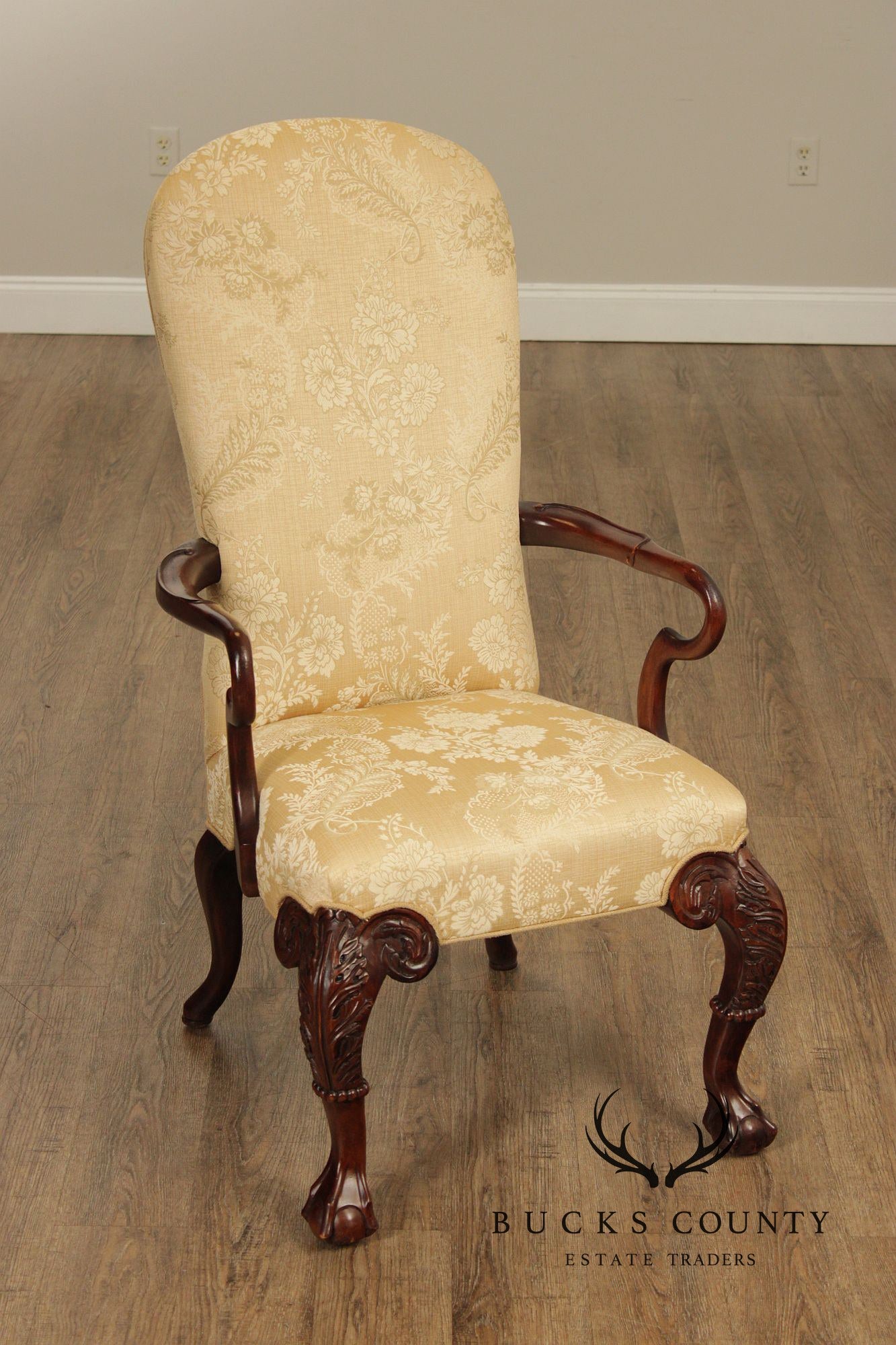 Century Furniture Pair Of Chippendale Style Carved Mahogany Upholstered Armchairs