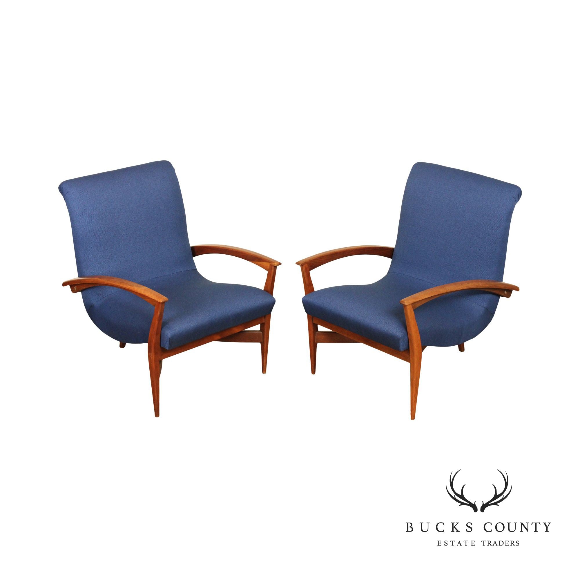 Quality Mid Century Modern Unusual Sculpted Walnut Pair Of Three Legged Lounge Chairs