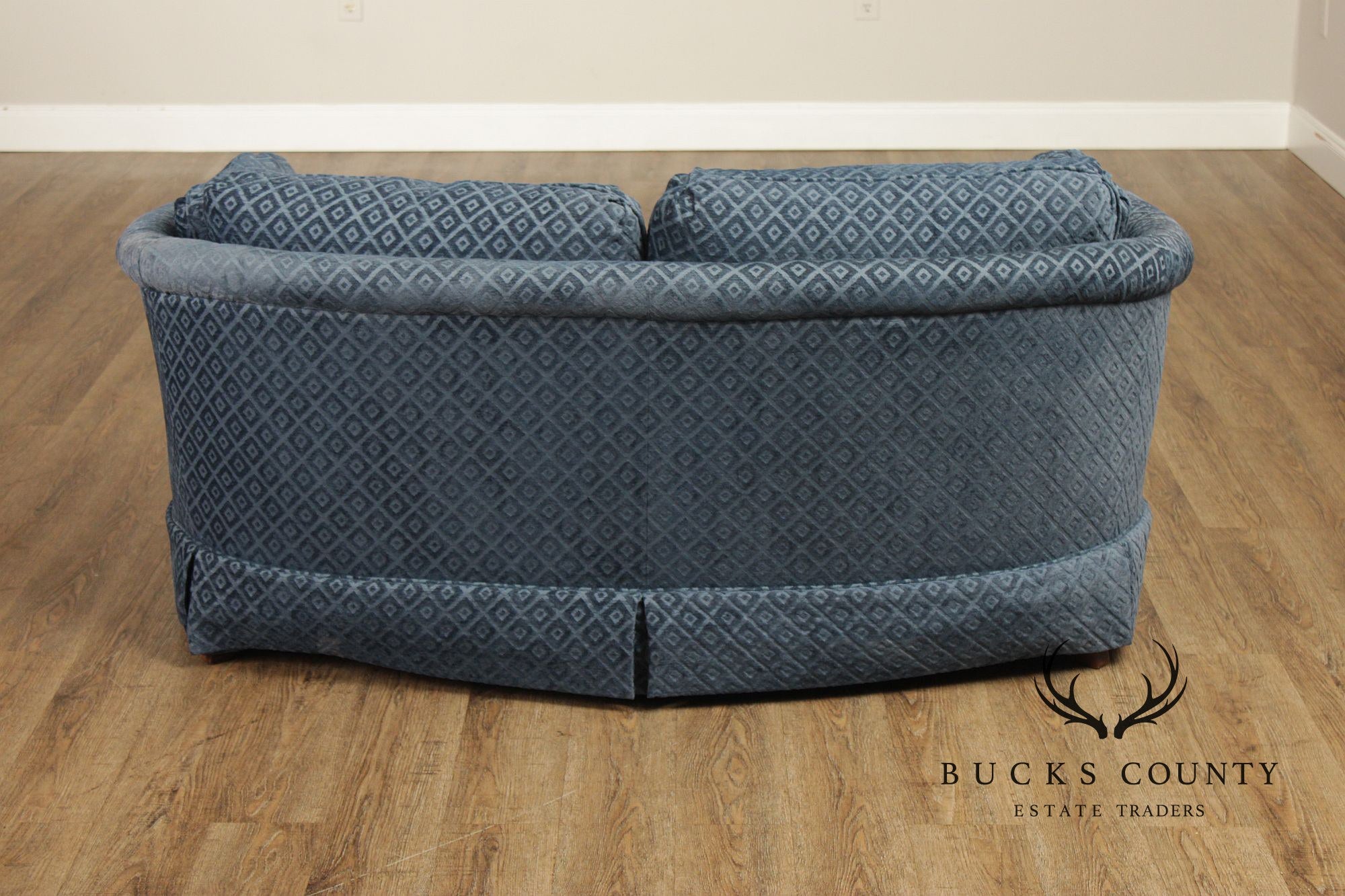 Custom Upholstered Blue Diamond Pattern Curved Loveseat