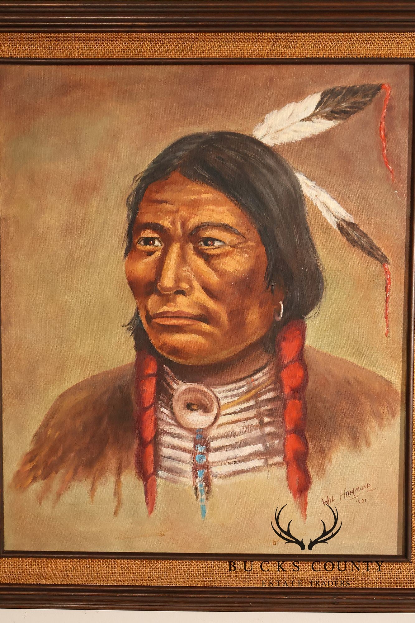 Framed Native American Portrait Painting Signed Wil Hamond 1981 "Lone Hawk"