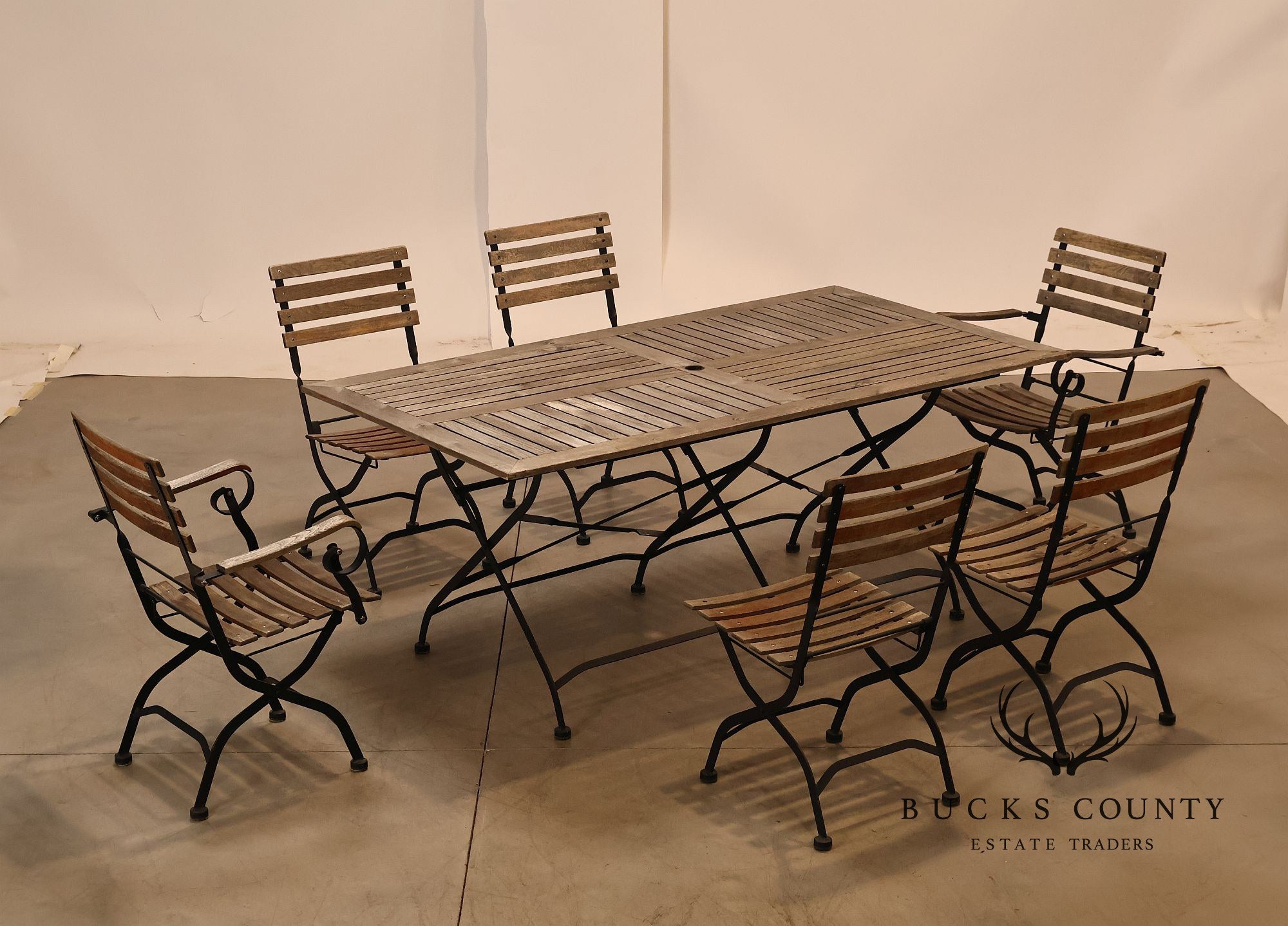 Ballard Designs Giardino 7 Piece Outdoor Dining Set with Teak Table and Iron Chairs