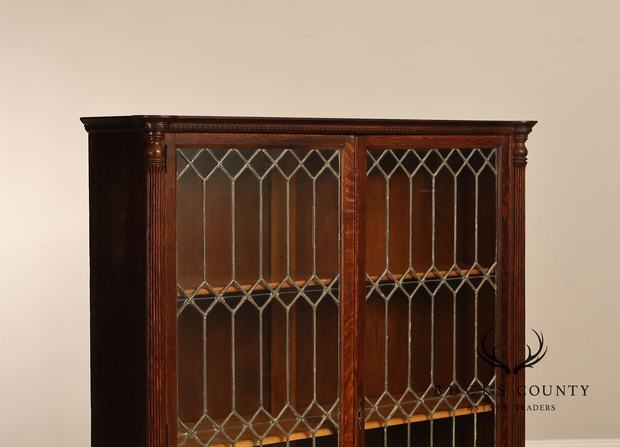 Arts and Crafts Antique Oak and Leaded Glass Bookcase
