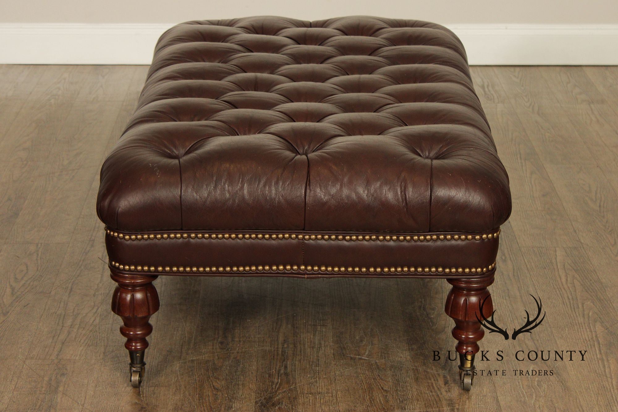 English Regency Style Tufted Leather Cocktail Ottoman On Turned Legs