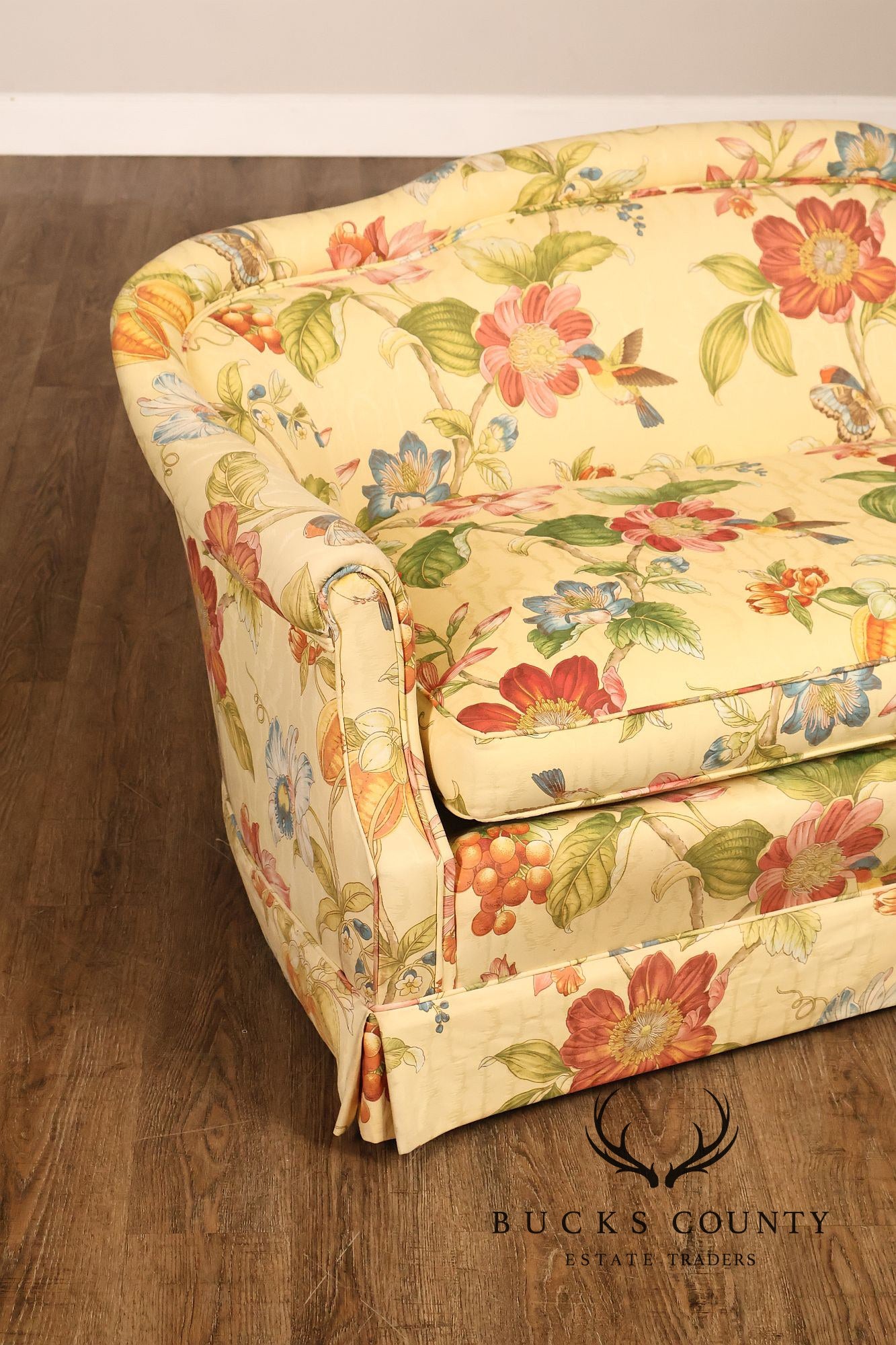 Custom Upholstered Pair Of Floral Chintz Skirted Loveseats