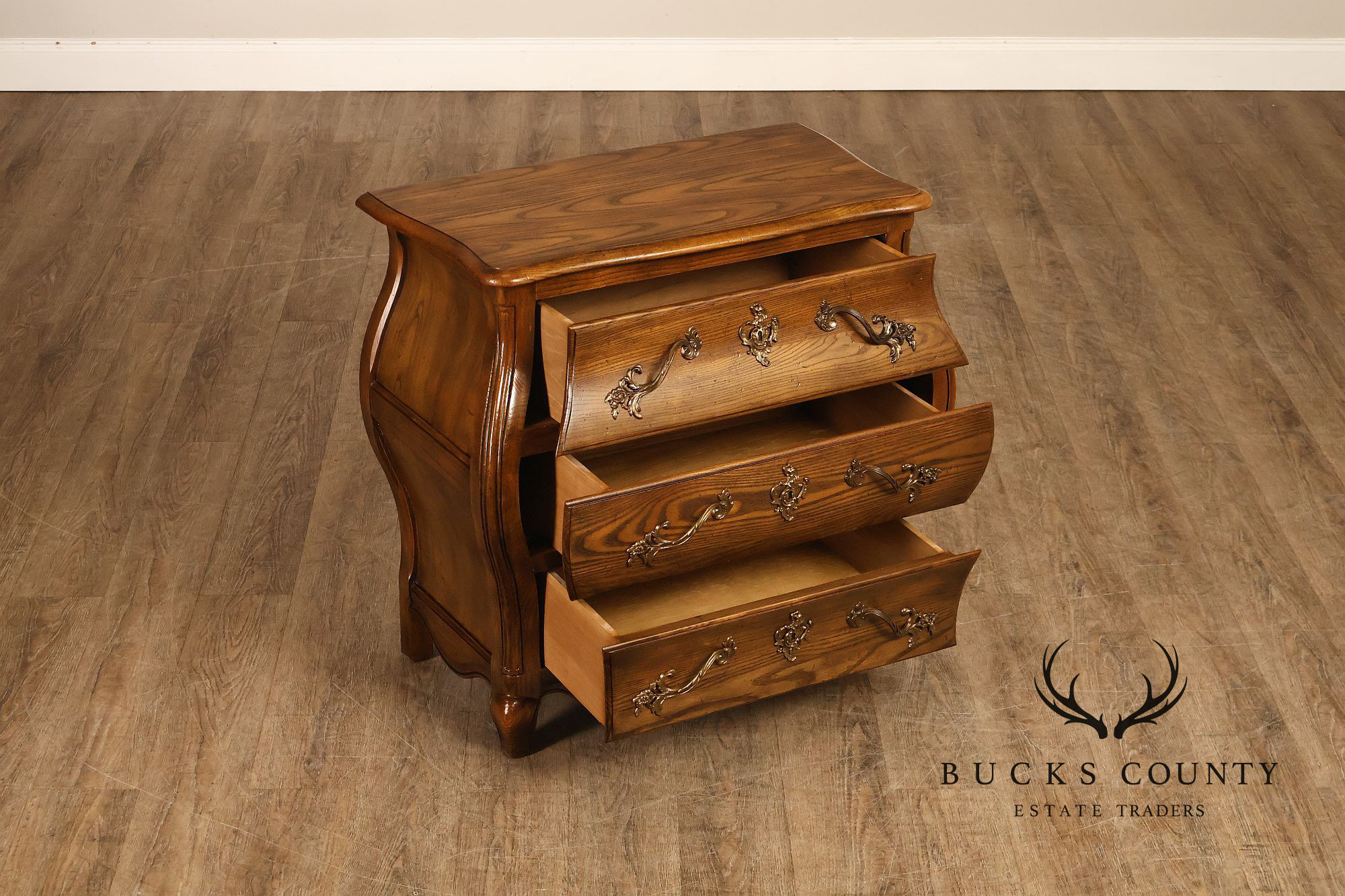Baker Furniture French Provincial Carved Oak Bombay Chest Nightstands