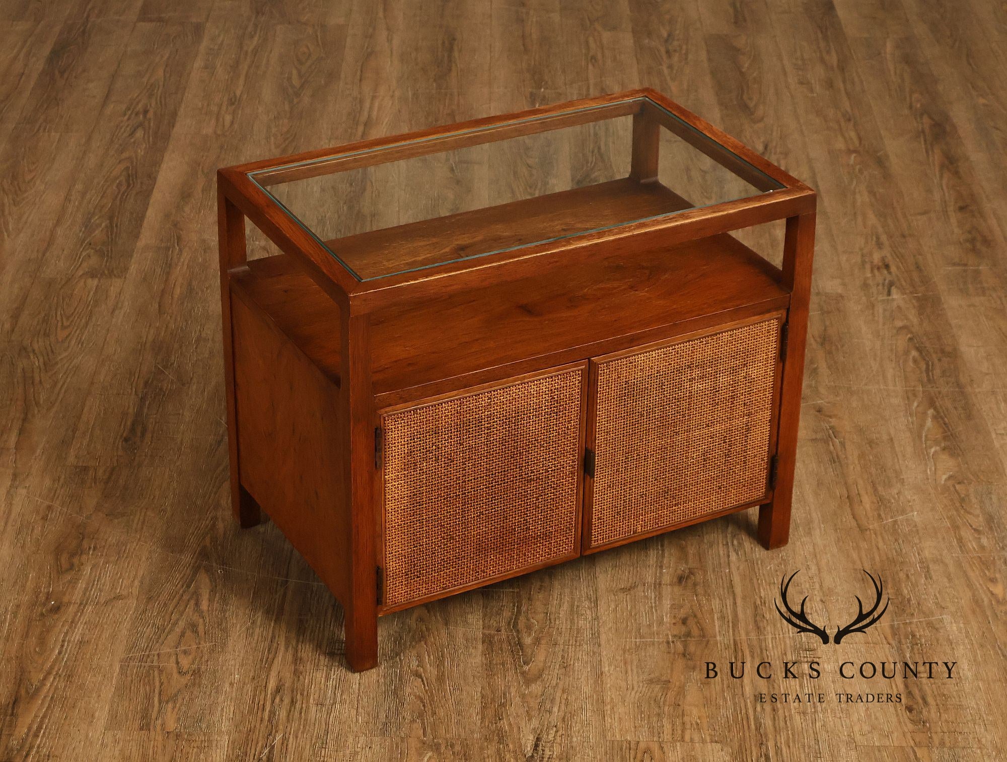 Mid-Century Modern Glass Top Walnut and Cane Side Cabinet