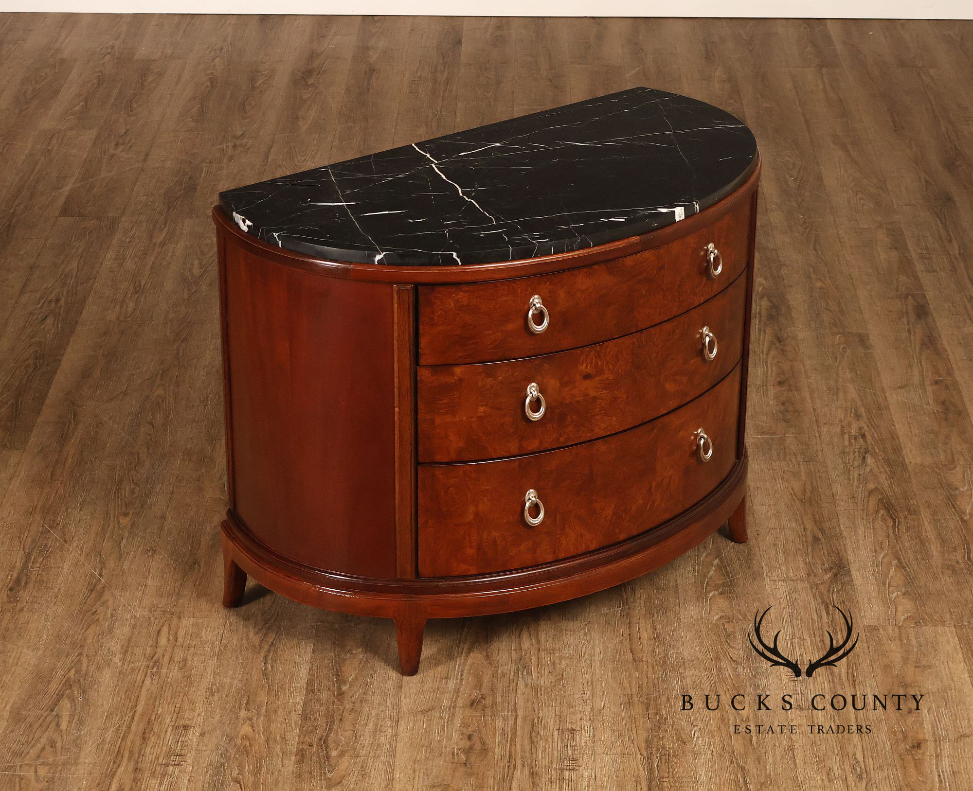 Thomasville Bogart Collection Pair of Marble Top Burlwood Commodes