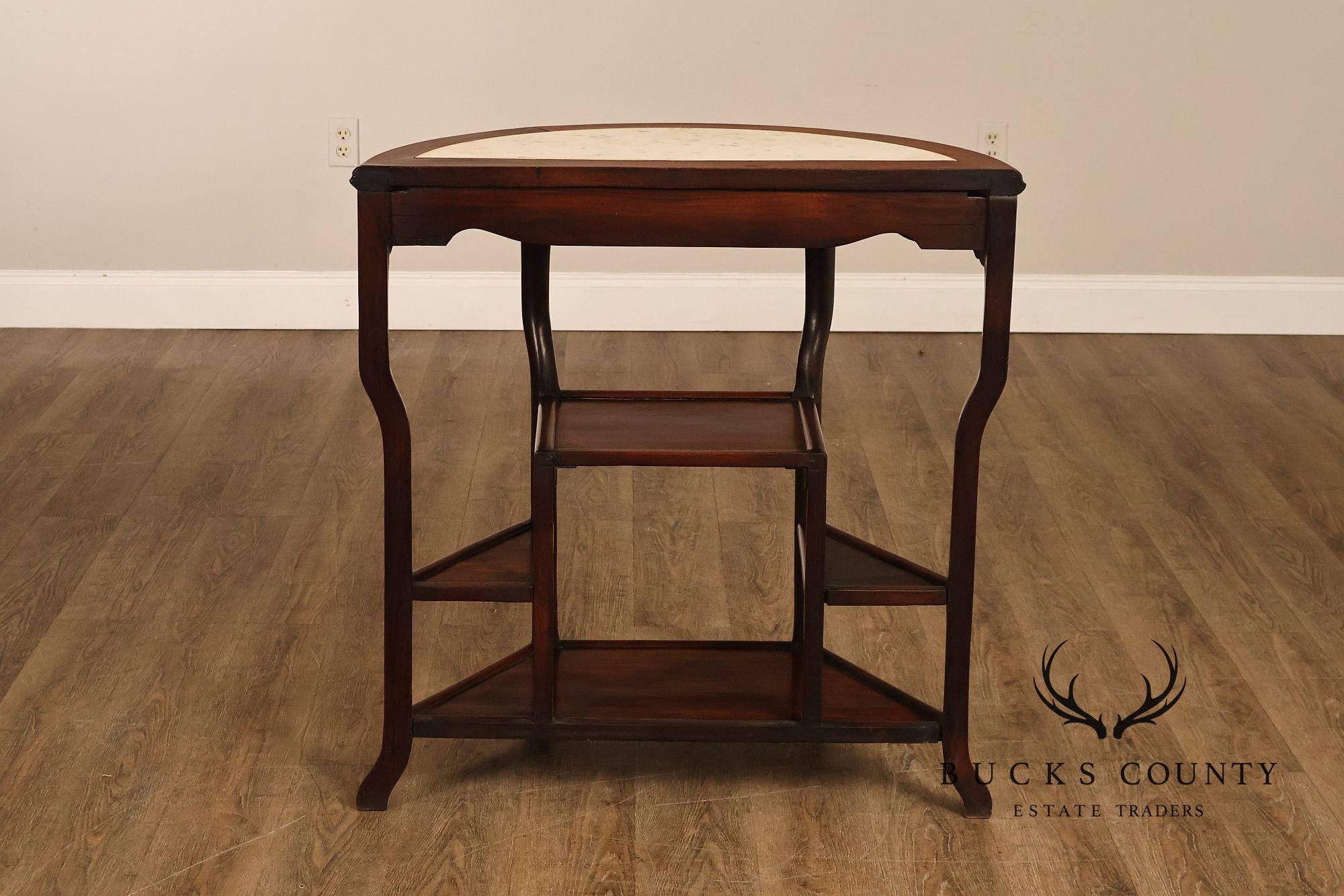 Asian Style Demilune Marble Top Side Table With Tiered Shelves