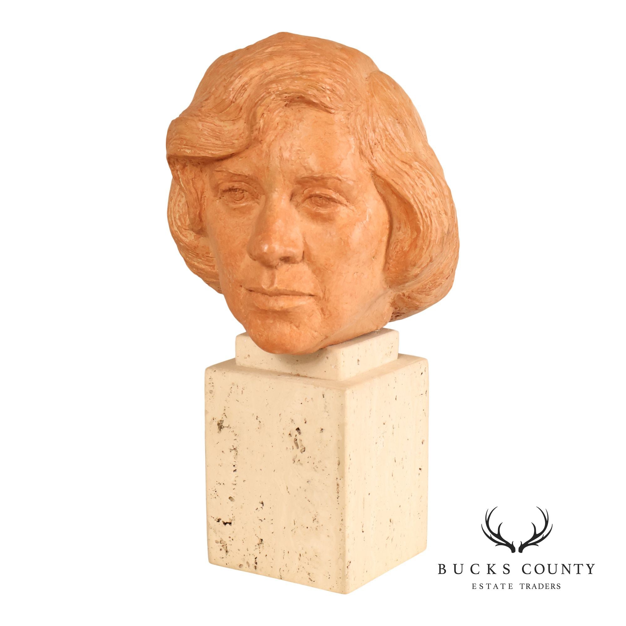 Contemporary Terracotta Female Portrait Bust Sculpture On Travertine Pedestal Base