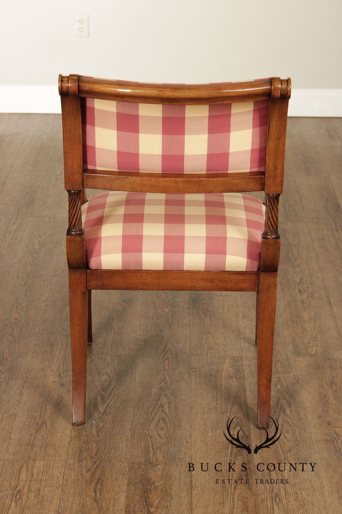 Guy Chaddock Set Of 4 Carved Wood Dining Armchairs In Scalamandré Check Fabric