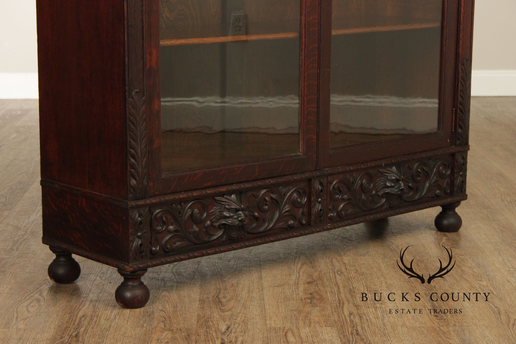 Antique Renaissance Revival Carved Oak Glass Door Bookcase