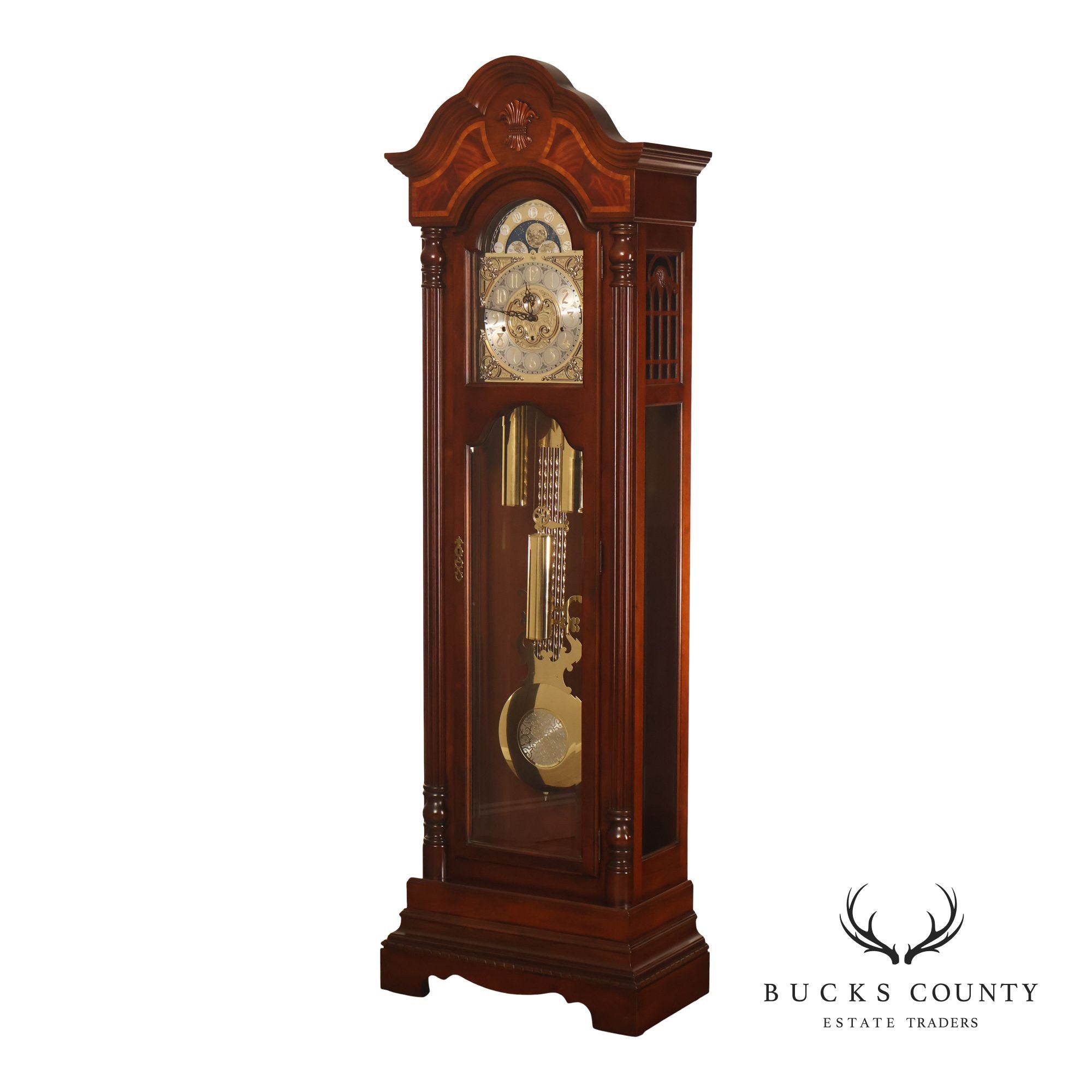 Sligh Mahogany Grandfather Clock With Moon Dial And Triple Chime Movement