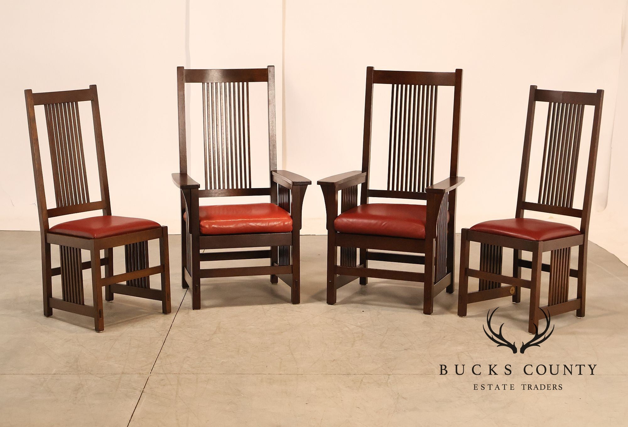 Stickley Mission Collection Set Of Four Oak High Back Spindle Dining Chairs