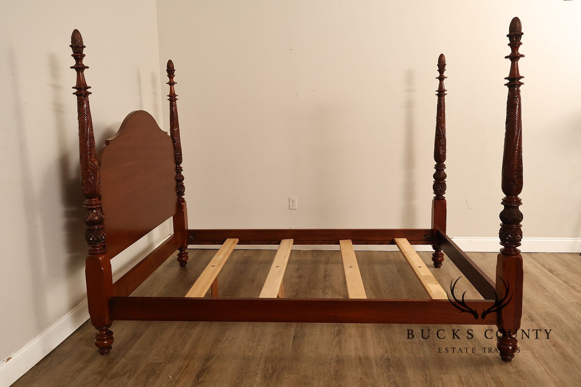 Carved Mahogany Four-Poster Queen Bed Frame
