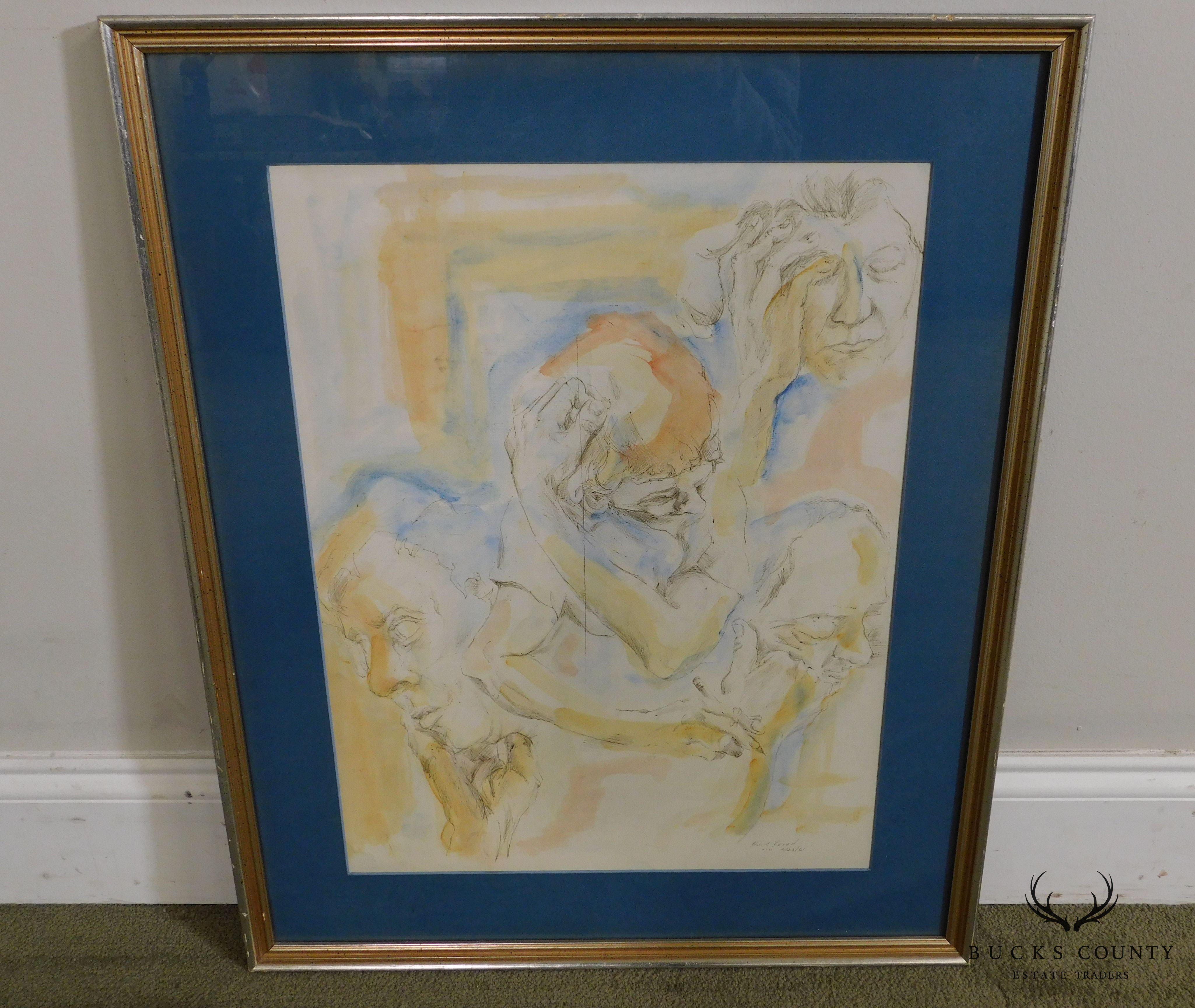 Blue Matted Portrait Sketch w/ Watercolor