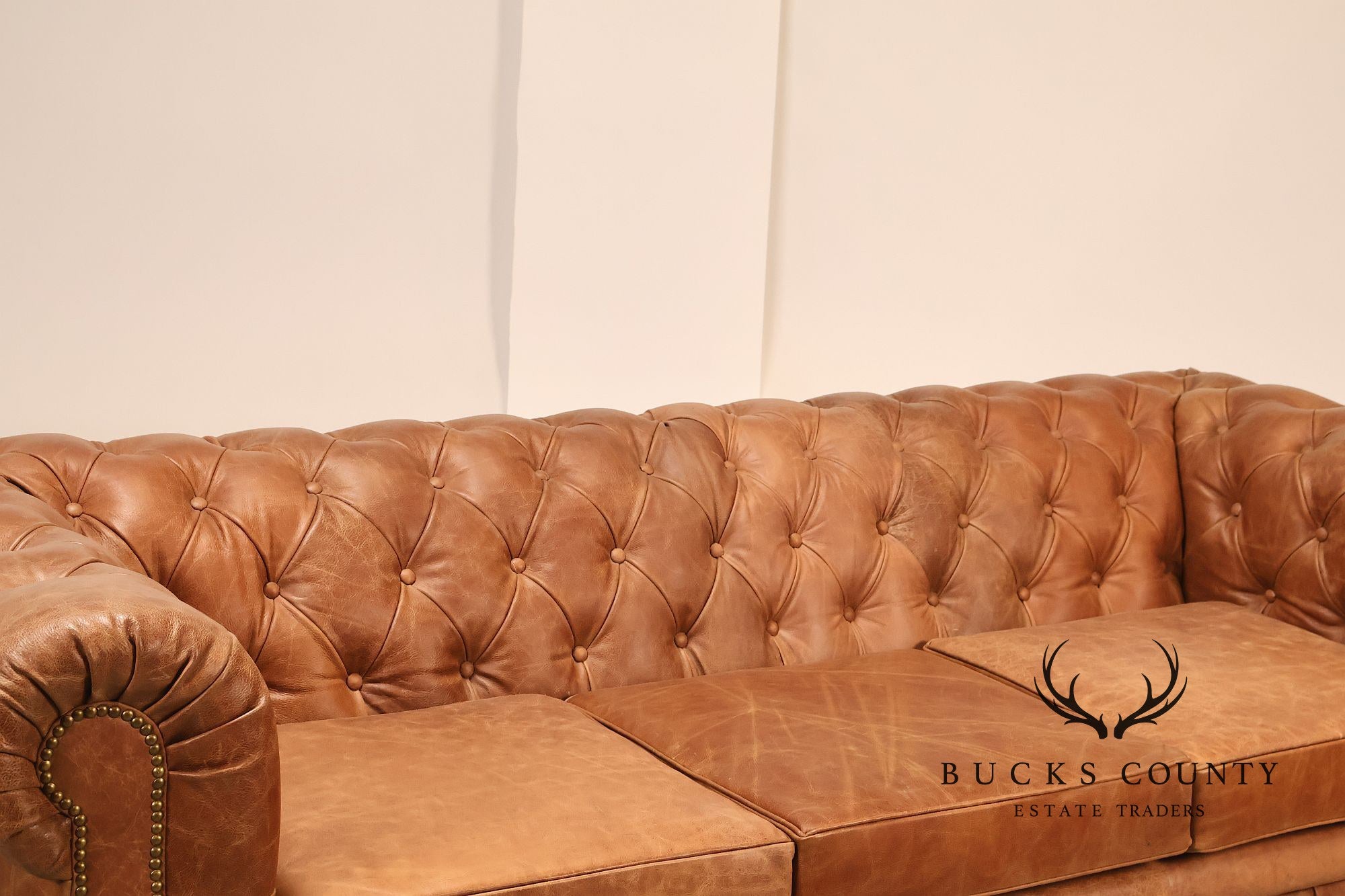 Chesterfield Style 7 Foot Distressed Brown Tufted Leather Sofa