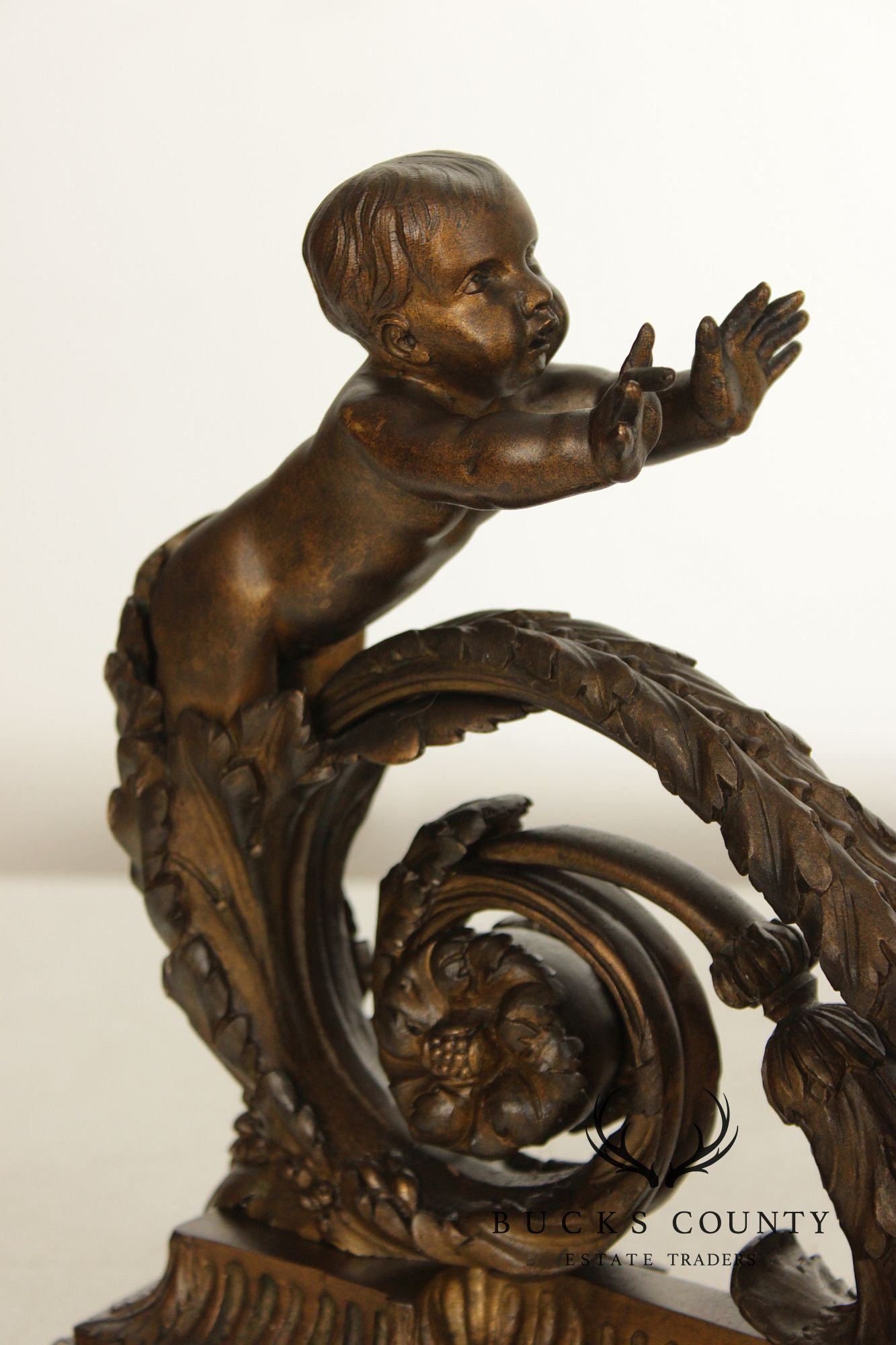 French Louis XV Style Antique Bronze Pair of Cherub Andirons