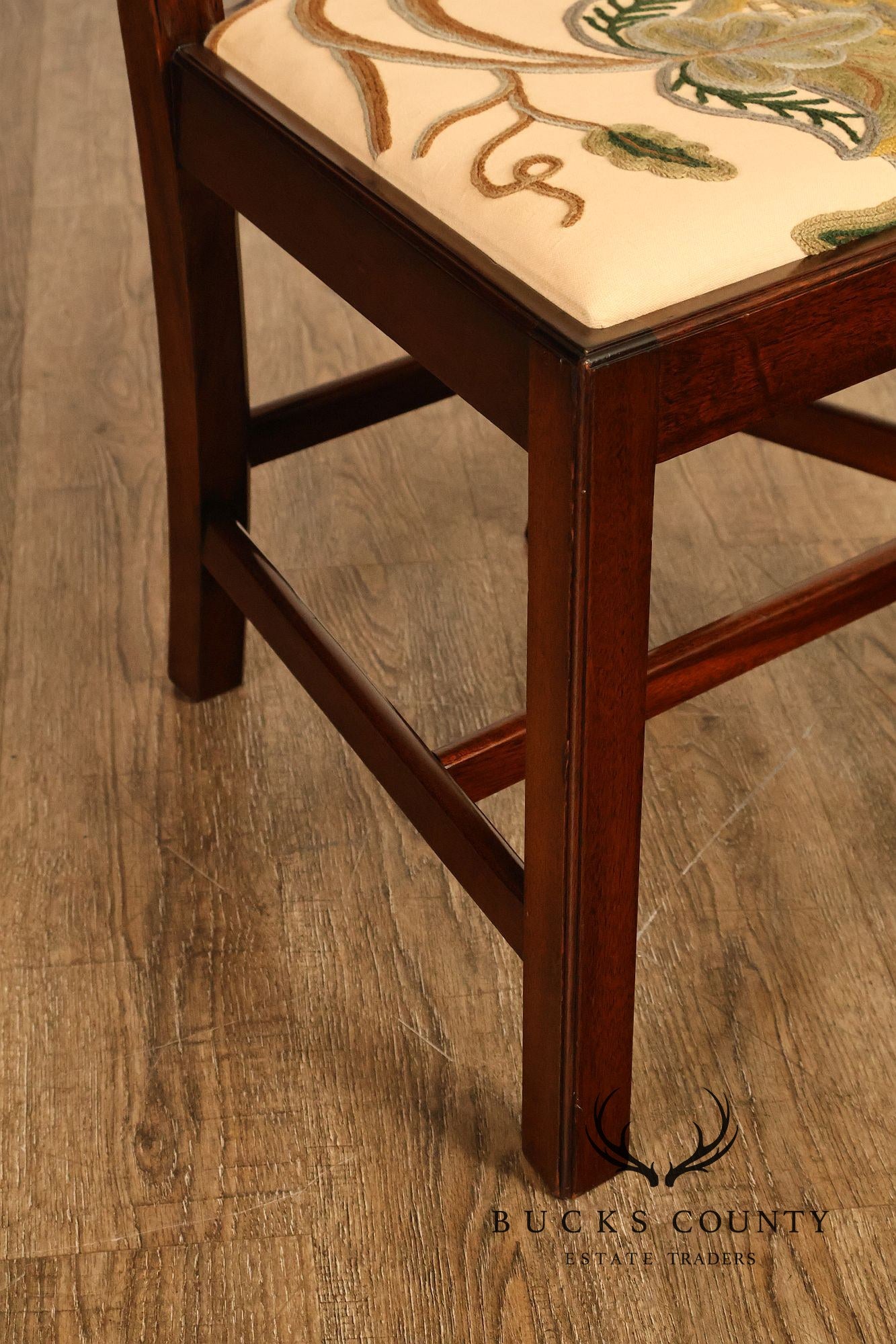 Chippendale Style Set of Eight Crewel Upholstered Mahogany Dining Chairs