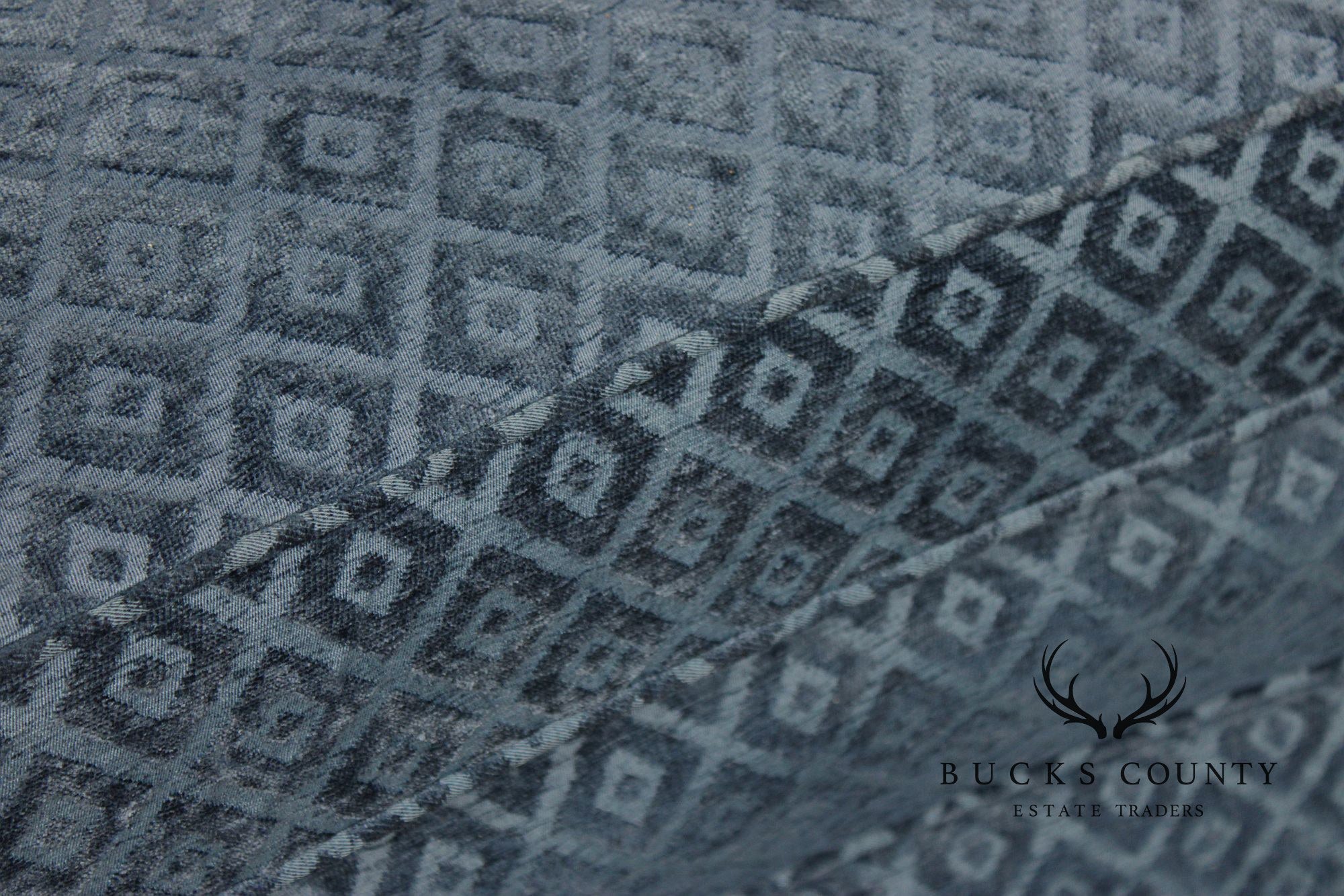 Custom Upholstered Blue Diamond Pattern Curved Loveseat