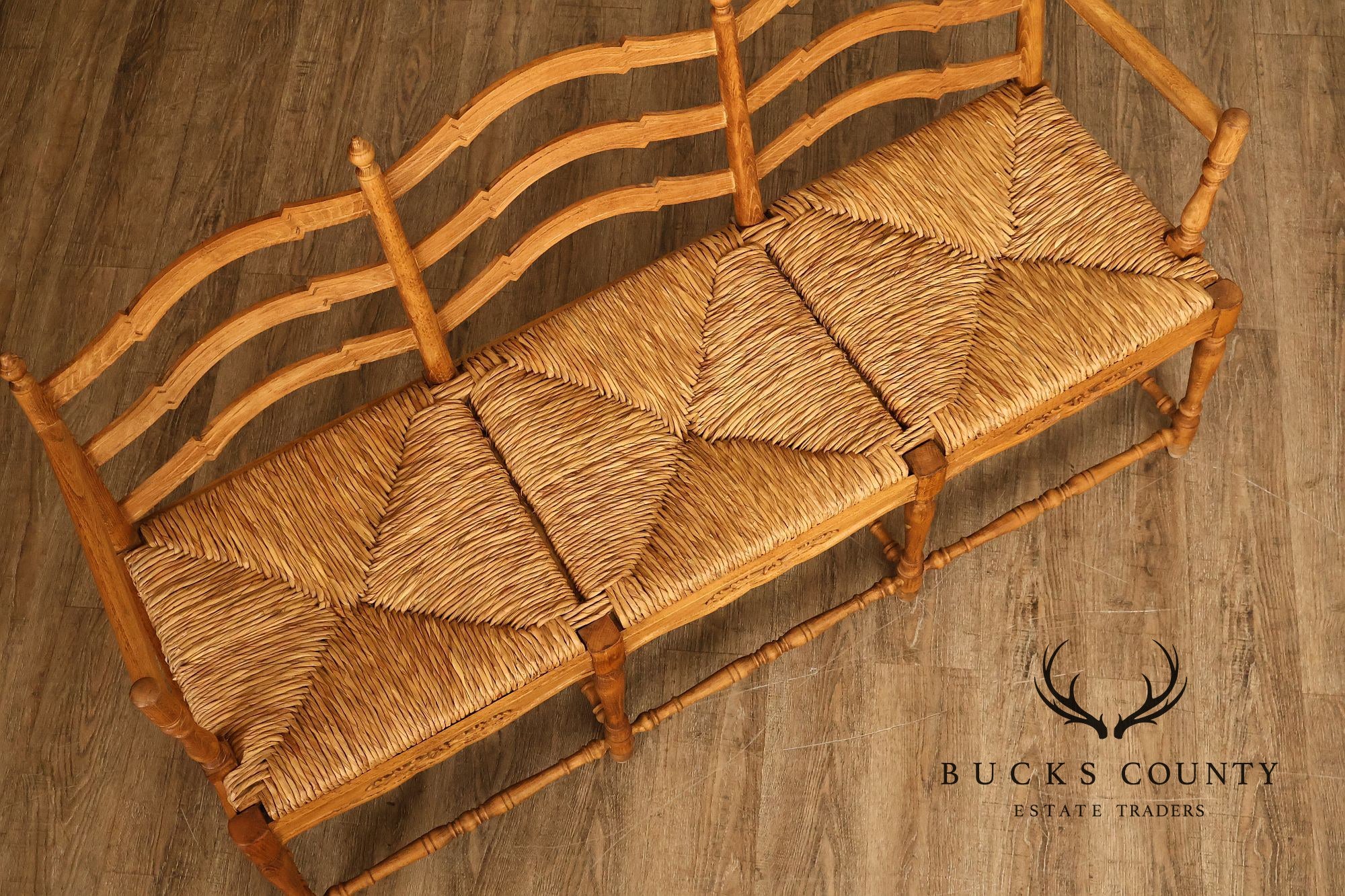 French Provincial Style Carved Wood Rush Seat Settee