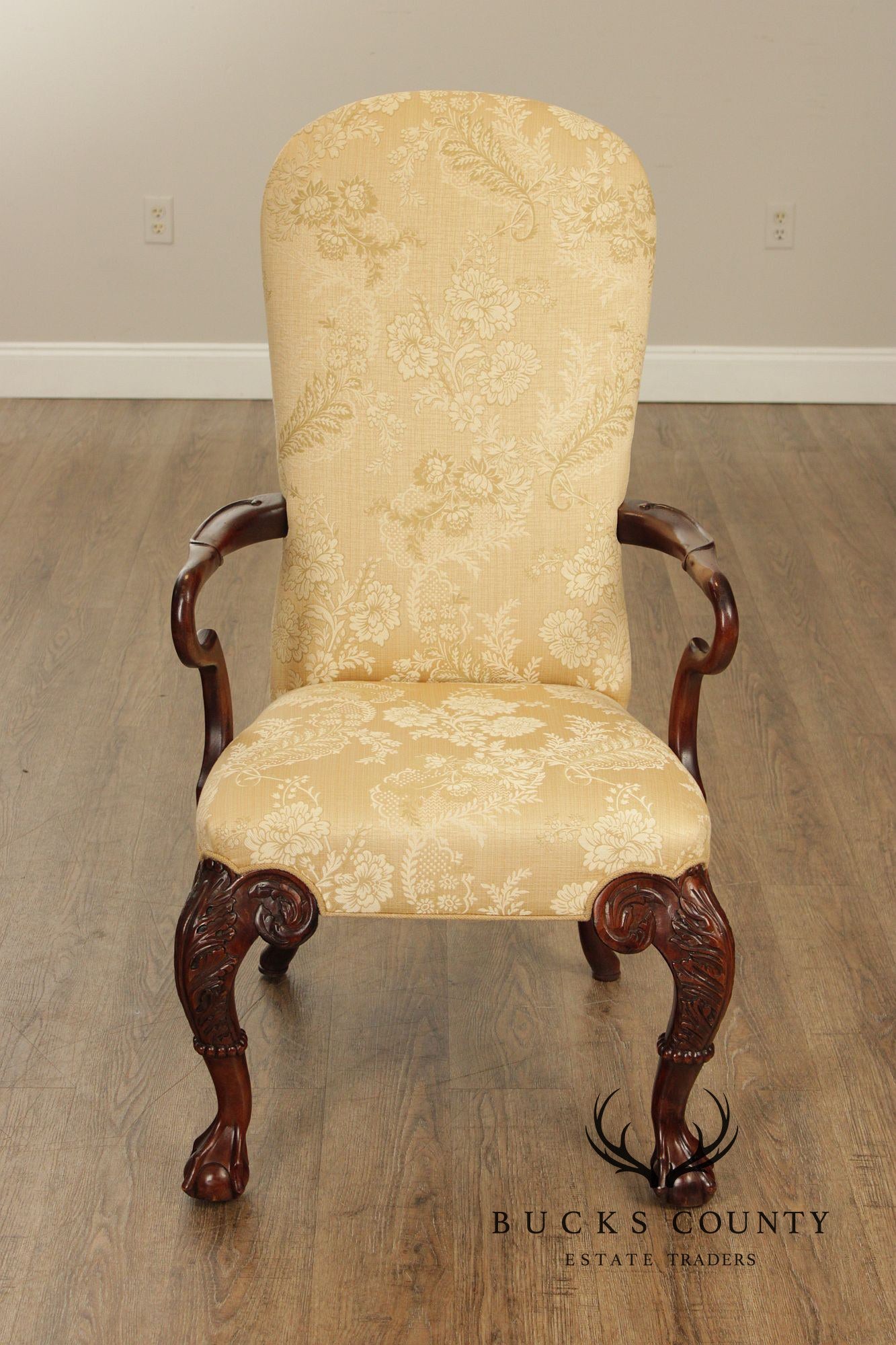Century Furniture Pair Of Chippendale Style Carved Mahogany Upholstered Armchairs