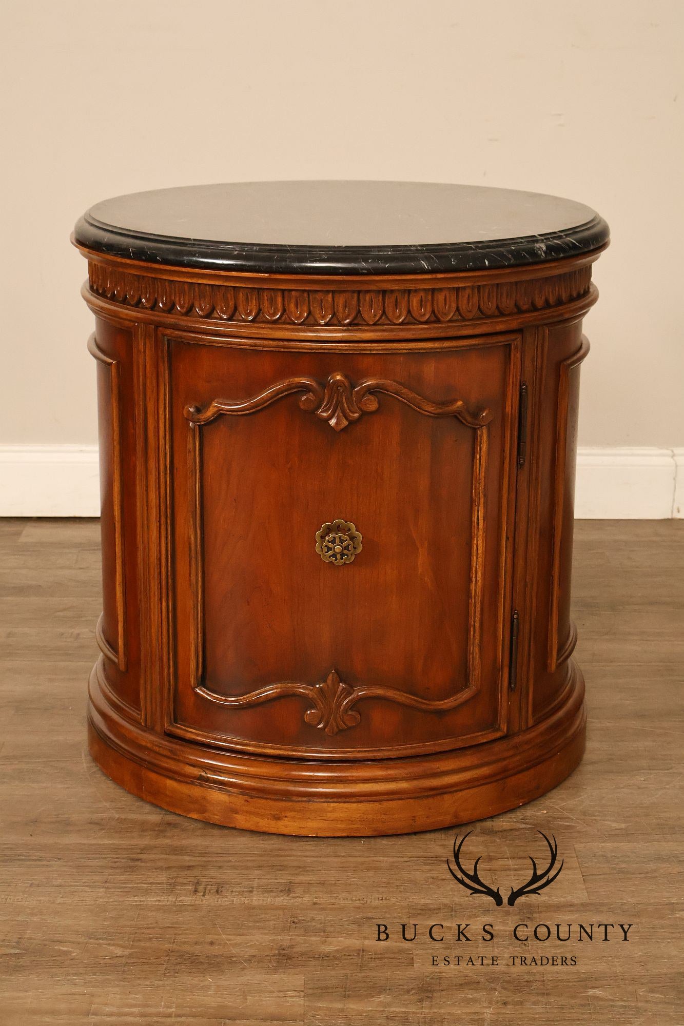 Bernhardt French Regency Style Marble Top Round Cabinet Drum Table