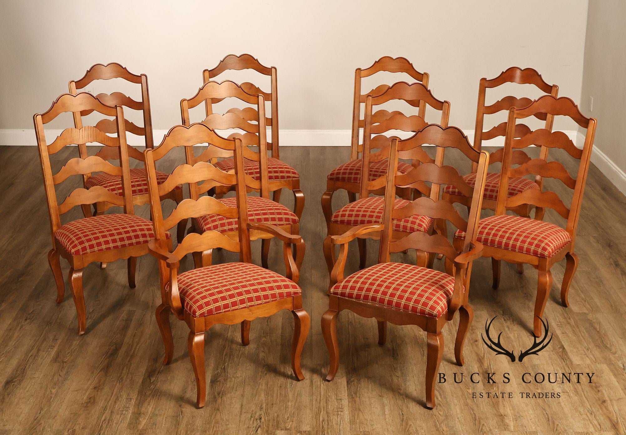 Ethan Allen Legacy Collection Set Of 10 Maple French Country Ladder Back Dining Chairs