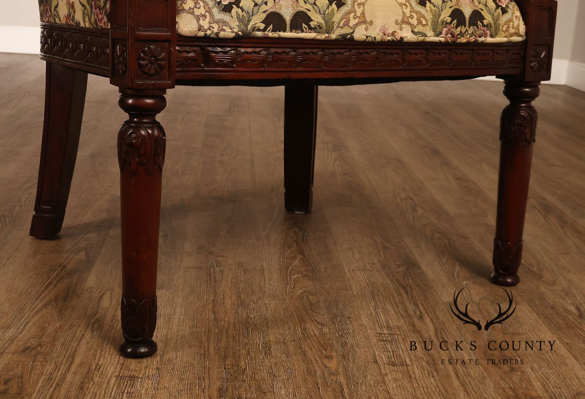 Pair Of Carved Mahogany Ram’s Head Upholstered Armchairs